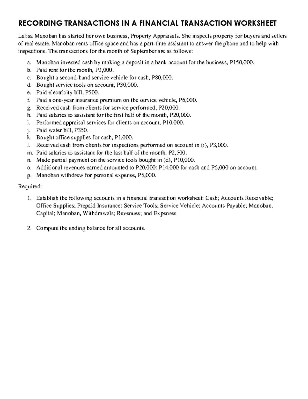 Financial Transaction Worksheet - RECORDING TRANSACTIONS IN A FINANCIAL ...