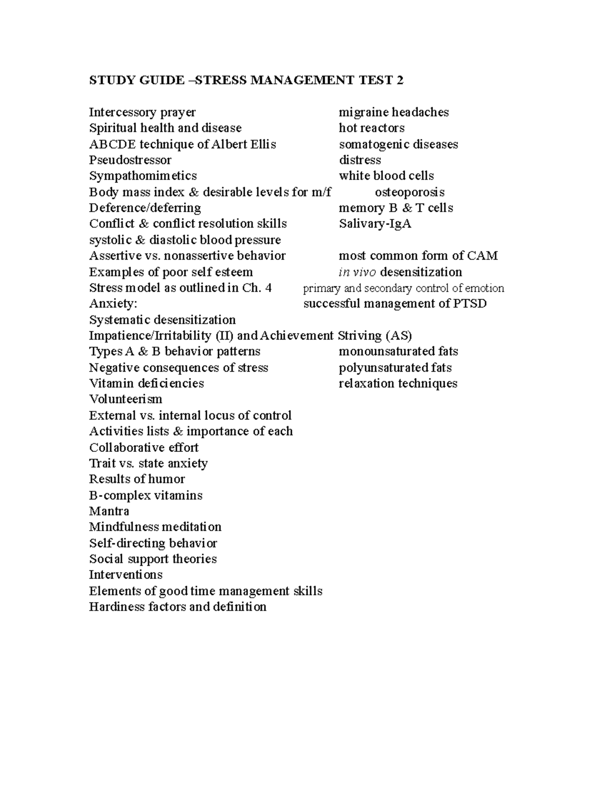 Study Guide, Exam #2 - STUDY GUIDE –STRESS MANAGEMENT TEST 2 ...