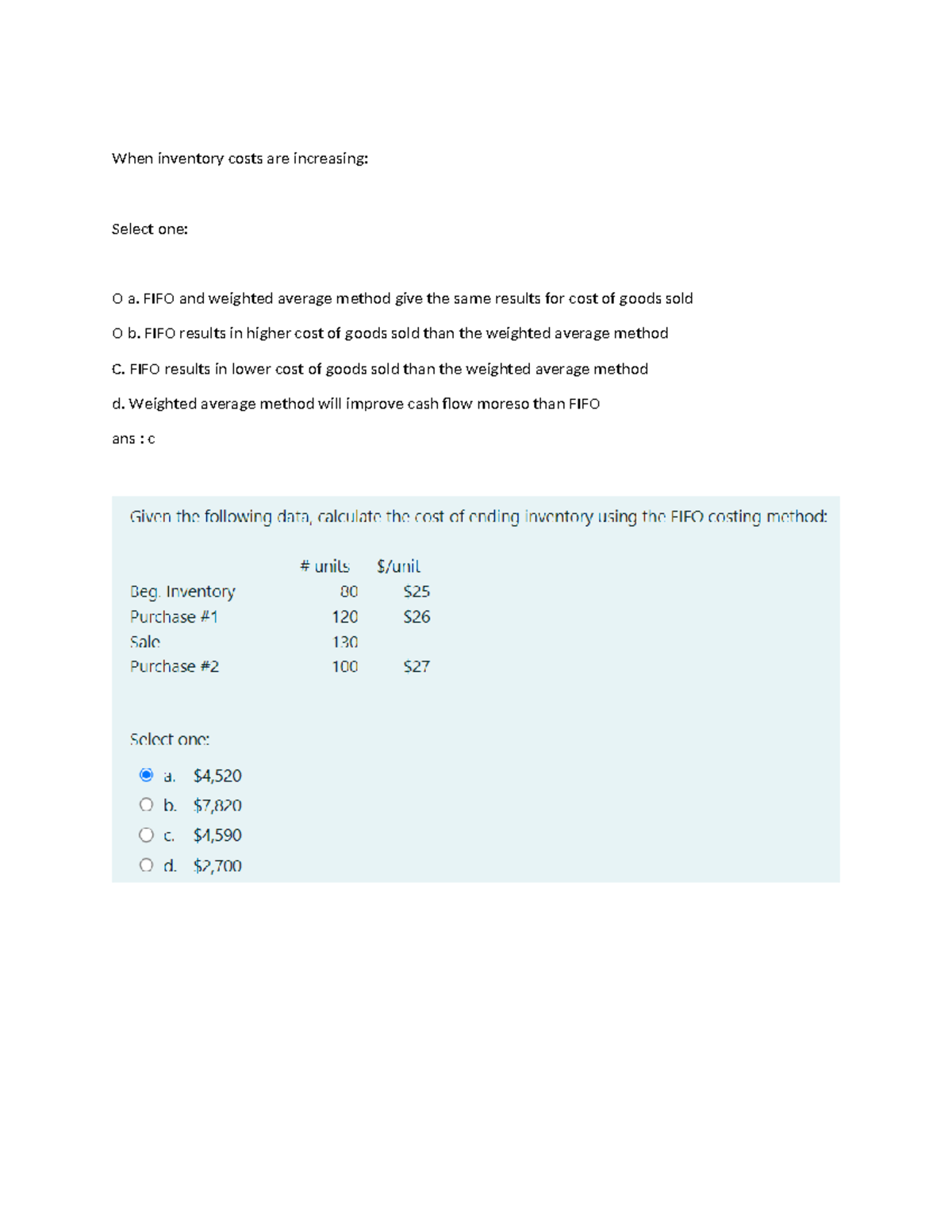 SOLUTION TO FIFO AND WEIGHTED AVERAGE - MGT 1000 - When inventory costs ...