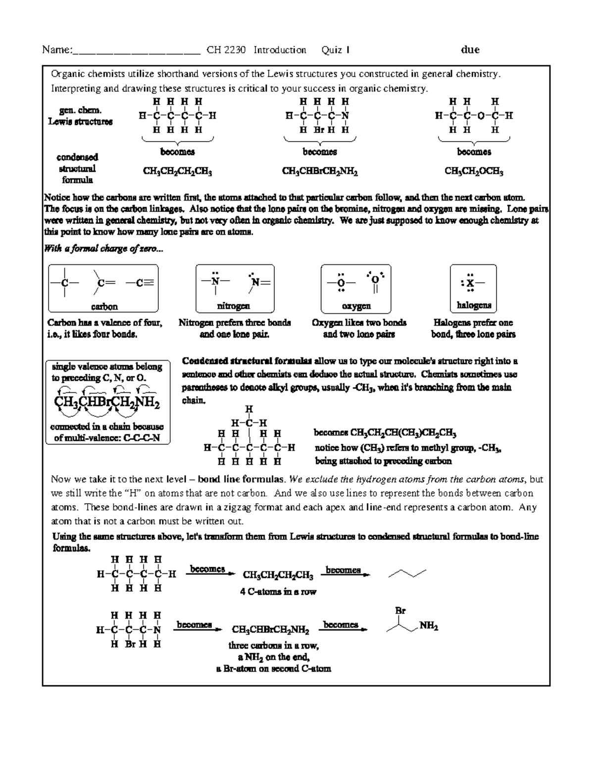 Organic Chemistry Quiz 1 Name______________________ CH 2230