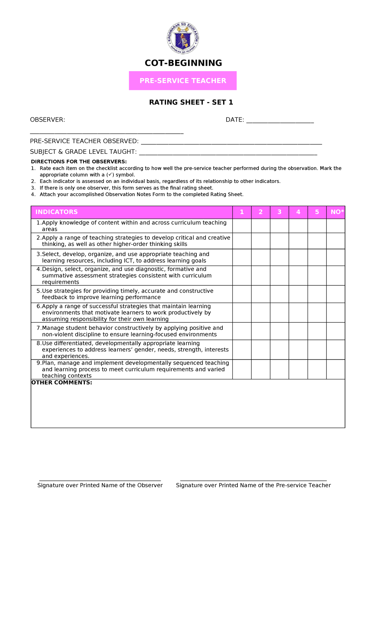 COT Beginning Set 1 Rating Sheet - RATING SHEET - SET 1 OBSERVER: - Studocu