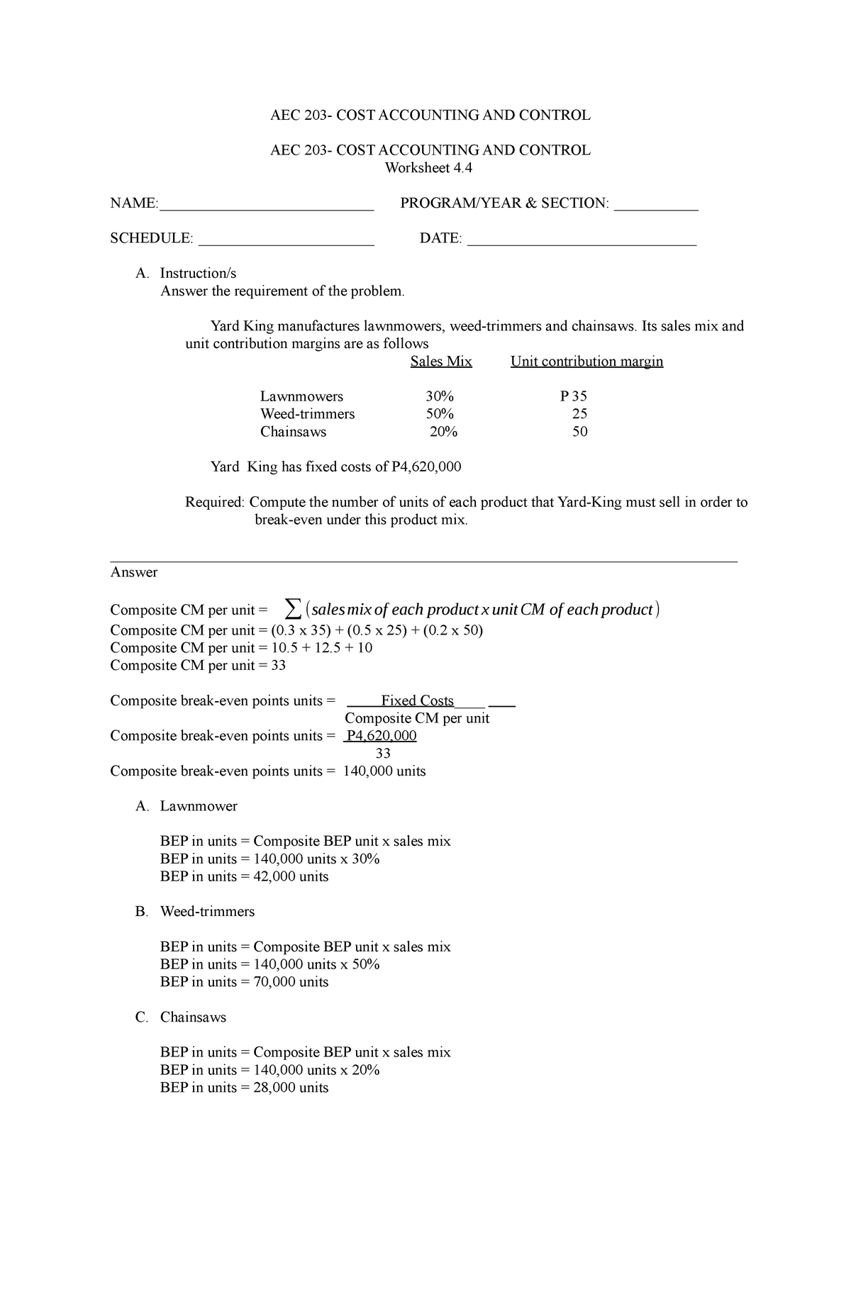 Cost Accounting Activity Week 4 - Answer Key - AEC 203- COST ACCOUNTING ...