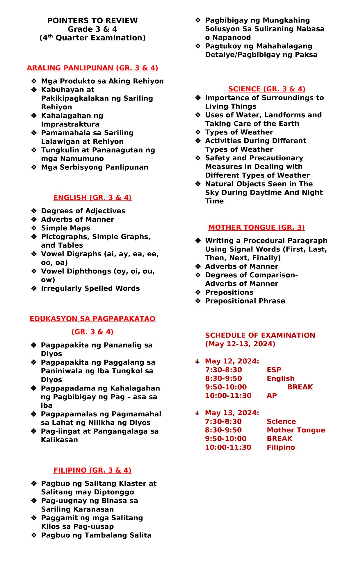 Grade 3 4 Pointers TO Review Q4 - POINTERS TO REVIEW Grade 3 & 4 (4th ...