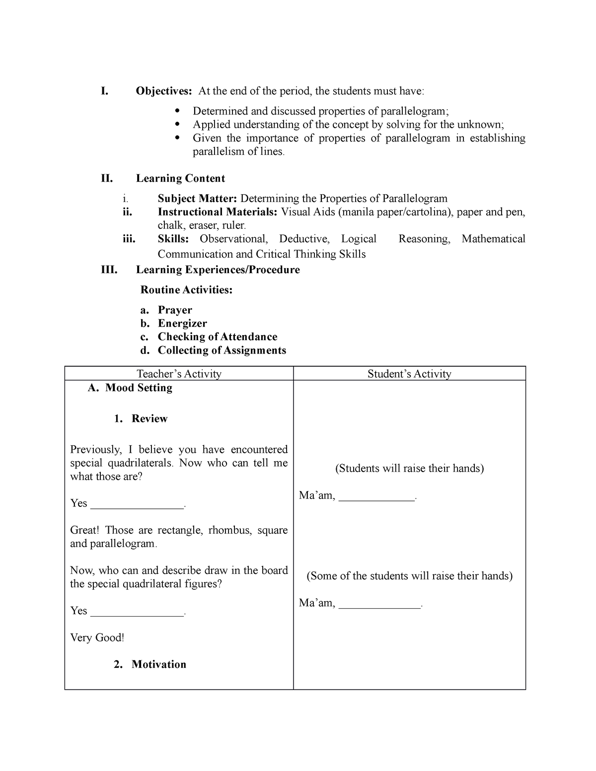 Lesson Plan in Determining the Properties of Parallelogram - I ...