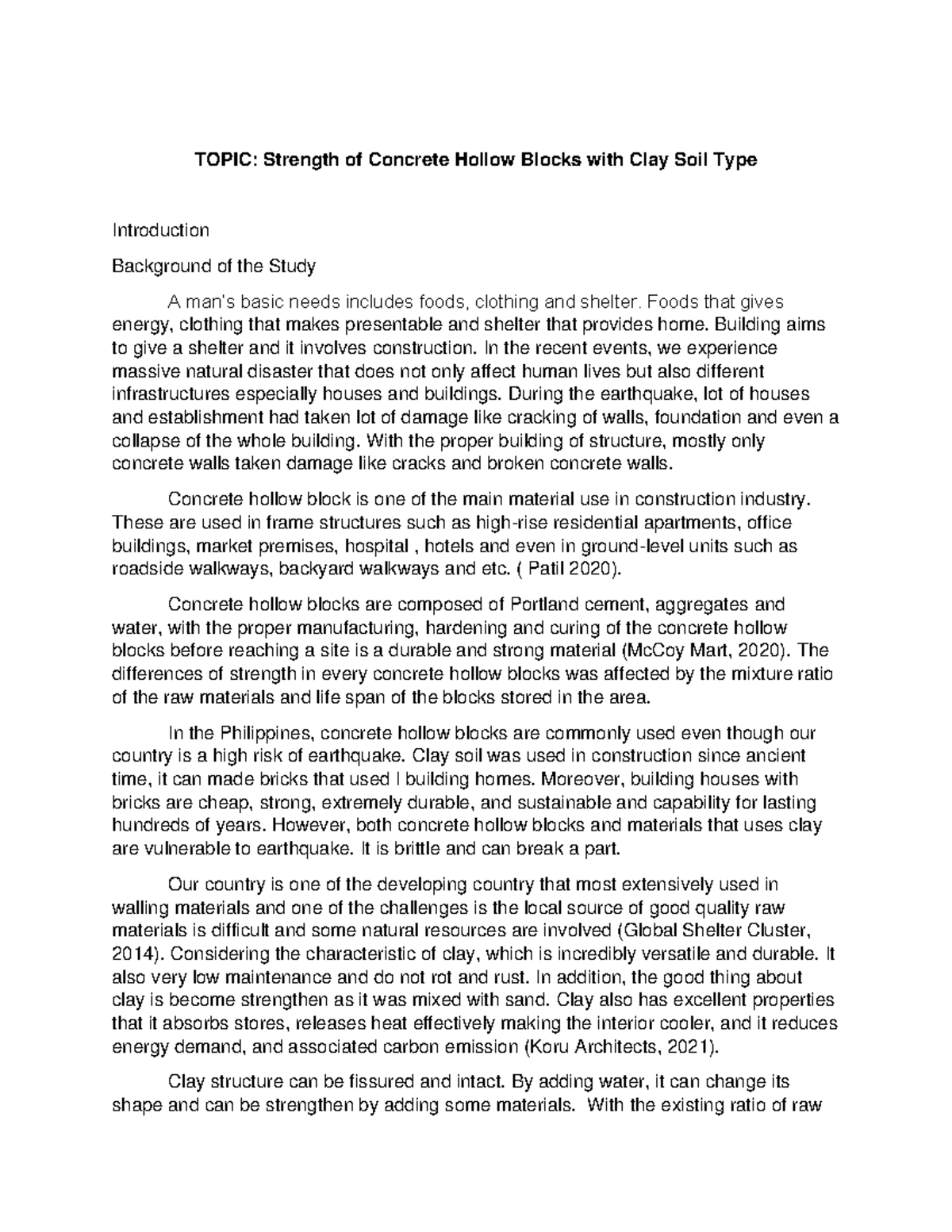 Strength of Concrete Hollow Blocks with Clay Soil Type TOPIC