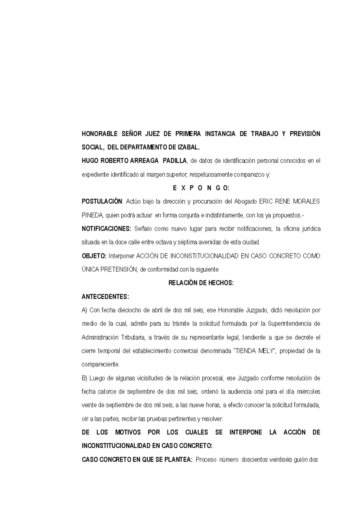 Inconstitucionalidad En Caso Concreto - HONORABLE SE—OR JUEZ DE PRIMERA ...