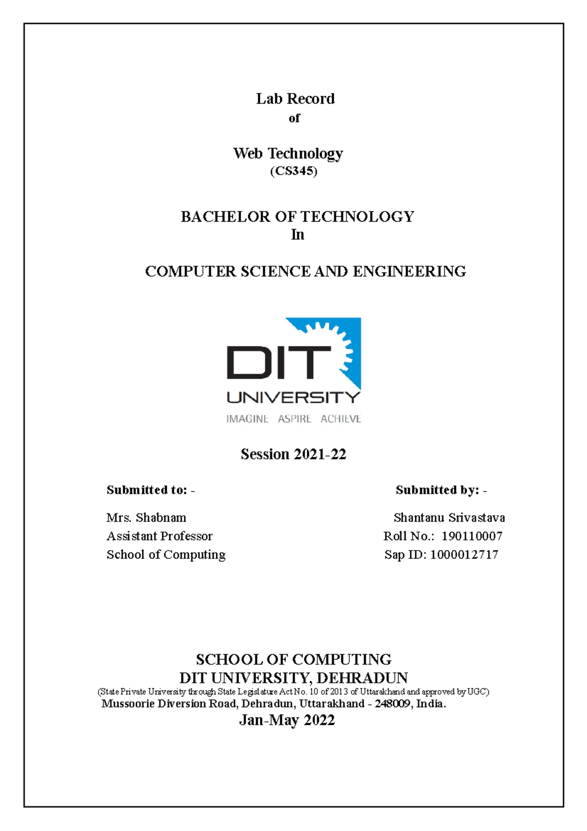 Web Technology file - Lab Record of Web Technology (CS345) BACHELOR OF ...