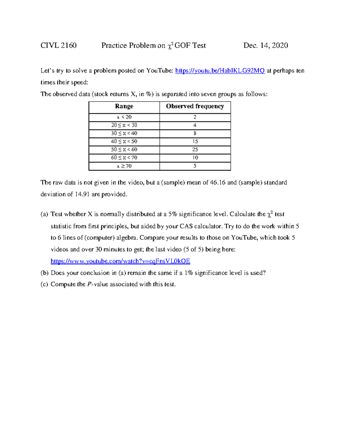 CHI Square GOF Practice CIVL 2160 Practice Problem on 2 GOF Test Dec
