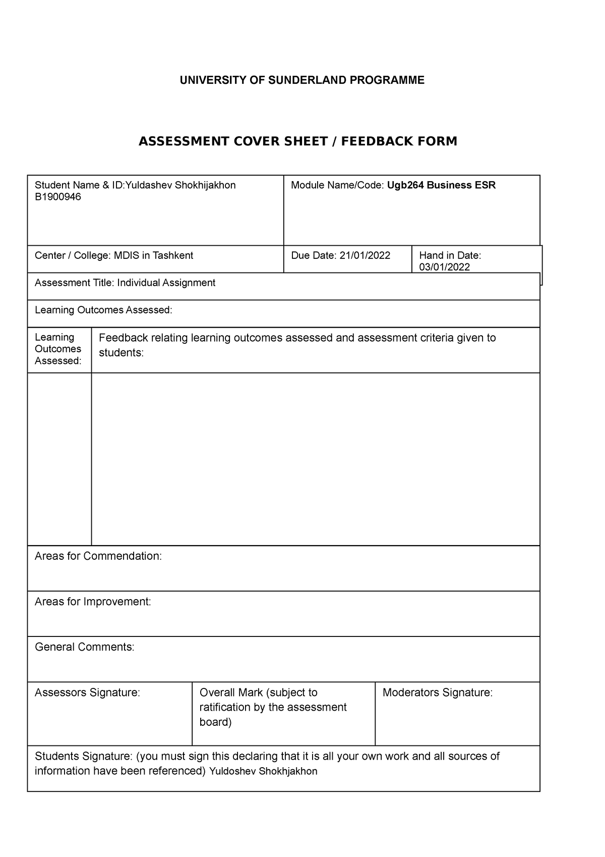 university of sunderland assignment cover sheet