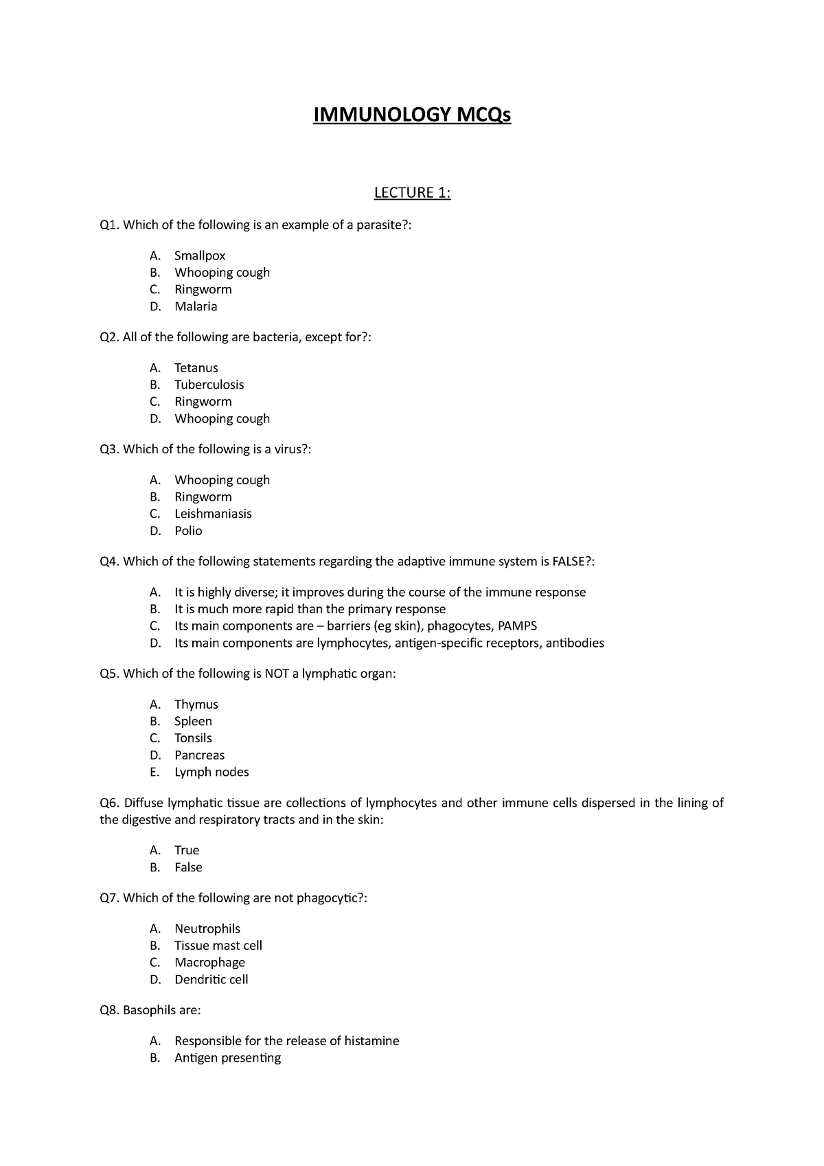 Immunology MCQs - MCQs - IMMUNOLOGY MCQs LECTURE 1: Q1. Which Of The ...