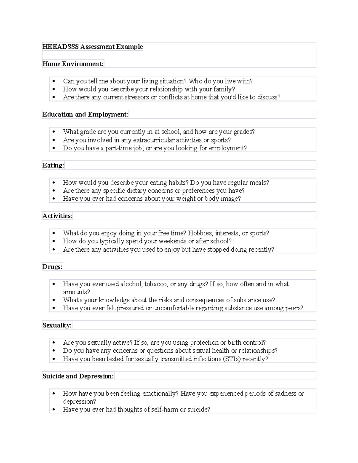 Heeadsss Assessment Example HEEADSSS Assessment Example Home