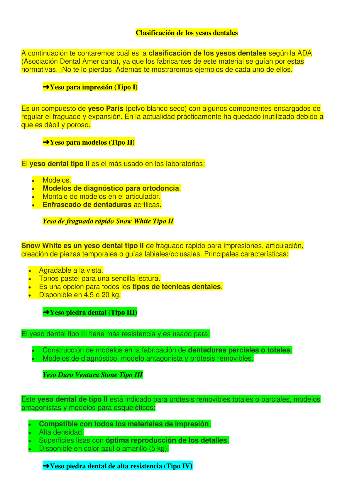 Clasificación De Los Yesos Dentales - Ingles I - UG - Studocu