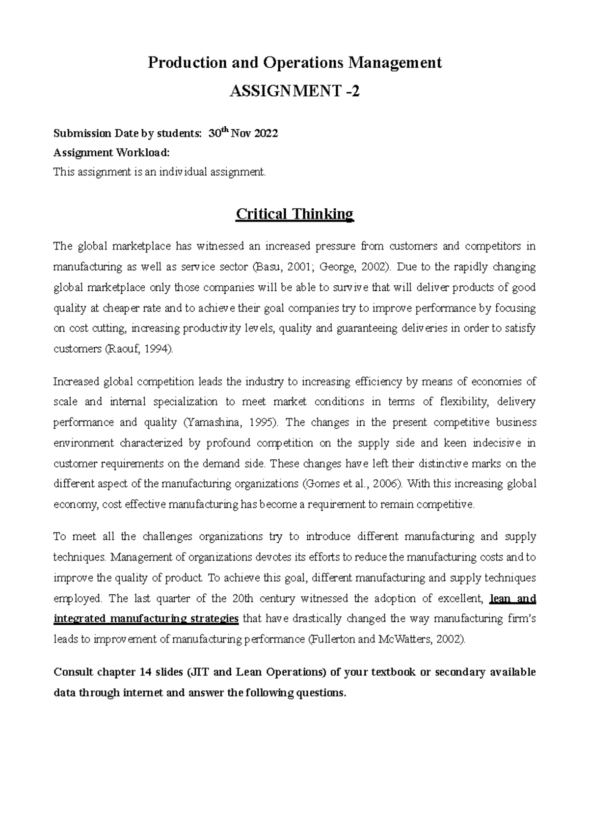 Assignment 2 maam madiha - Production and Operations Management ...