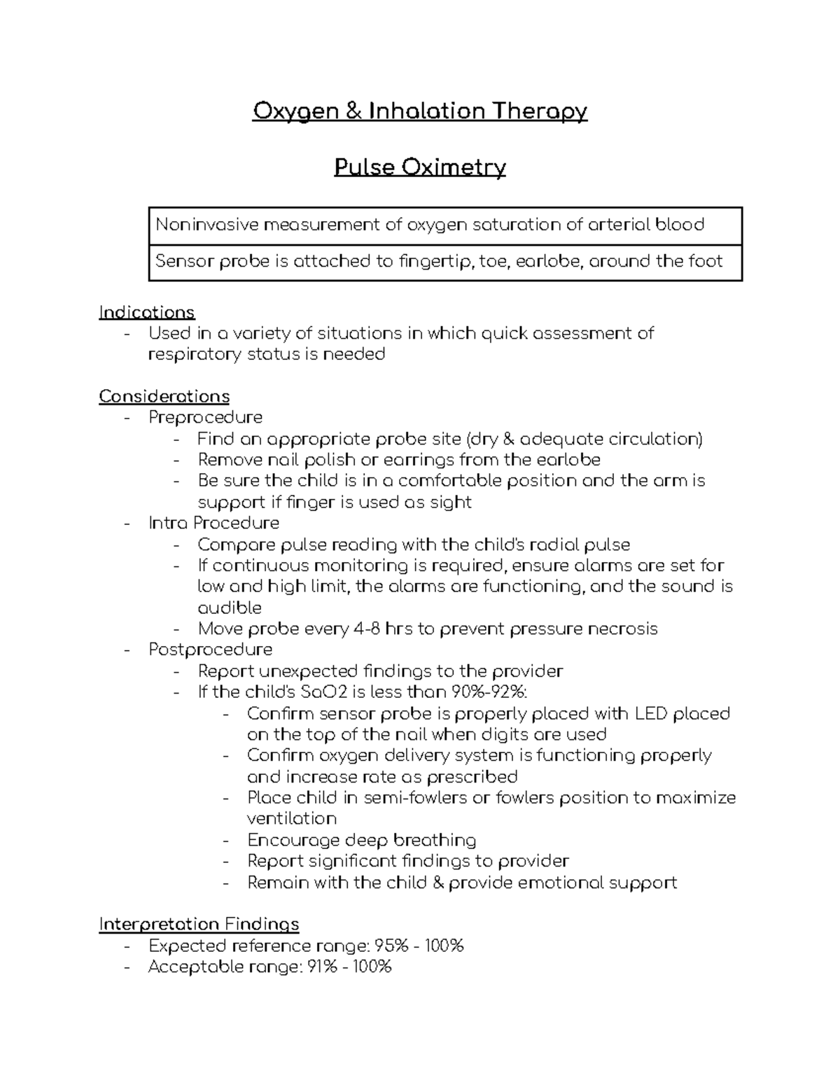 Peds Oxygen & Inhalation Therapy Oxygen & Inhalation Therapy Pulse