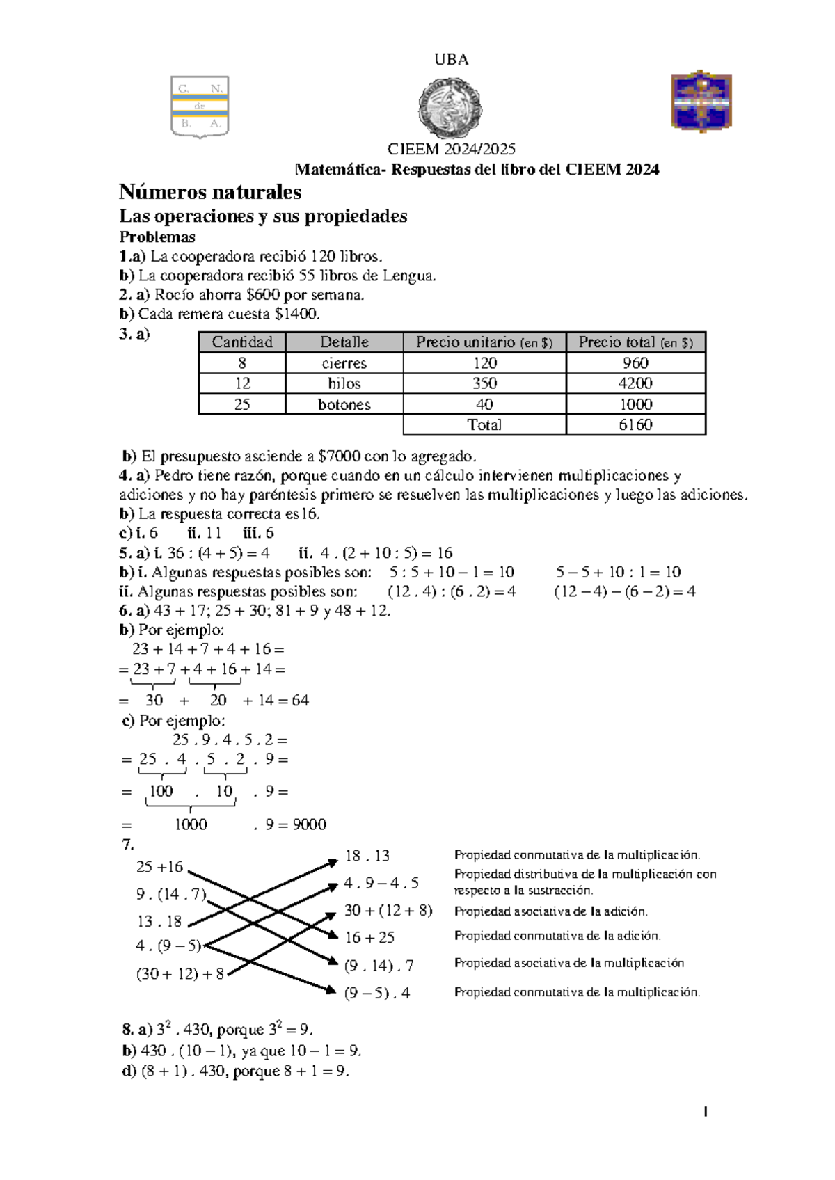 Respuestas del libro del cieem 2024 UBA CIEEM 2024/ Matemática