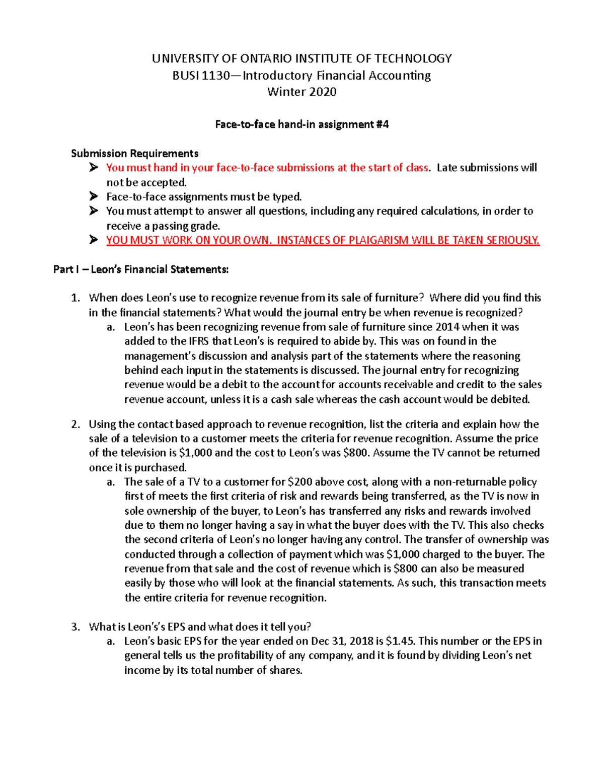 F2F A 4 - Face to Face assignment 4 - UNIVERSITY OF ONTARIO INSTITUTE ...