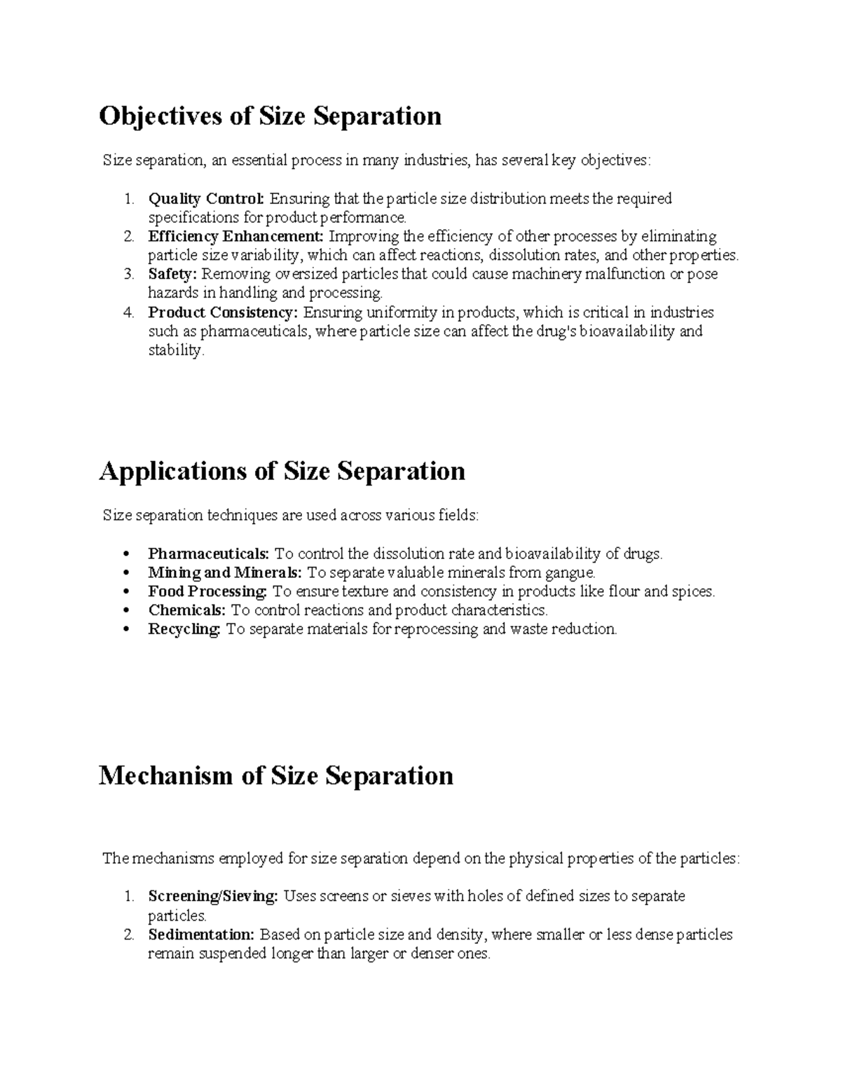 Write up lecture 8 - Objectives of Size Separation Size separation, an ...