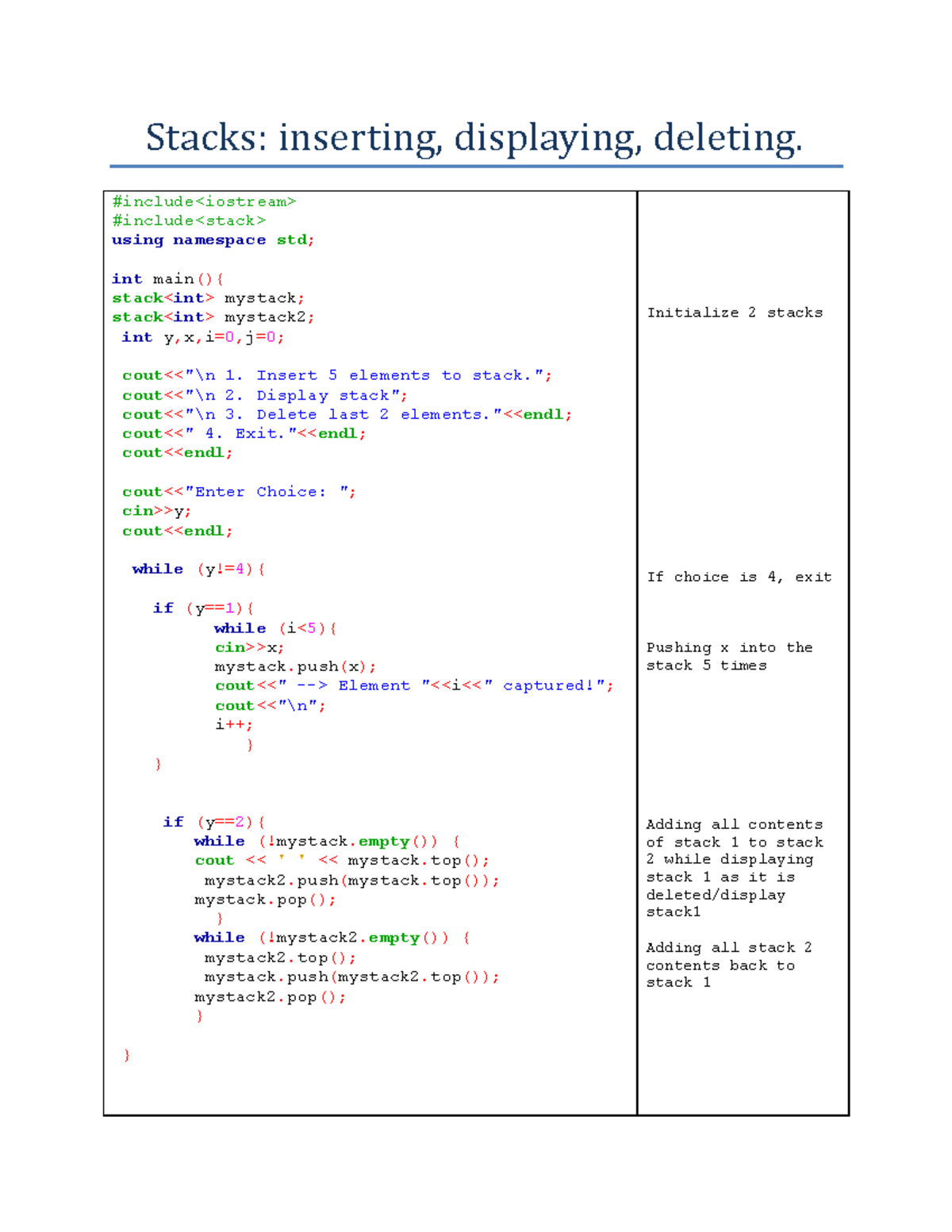 C++ Revision Doc - A few simple coding examples - Stacks: inserting ...