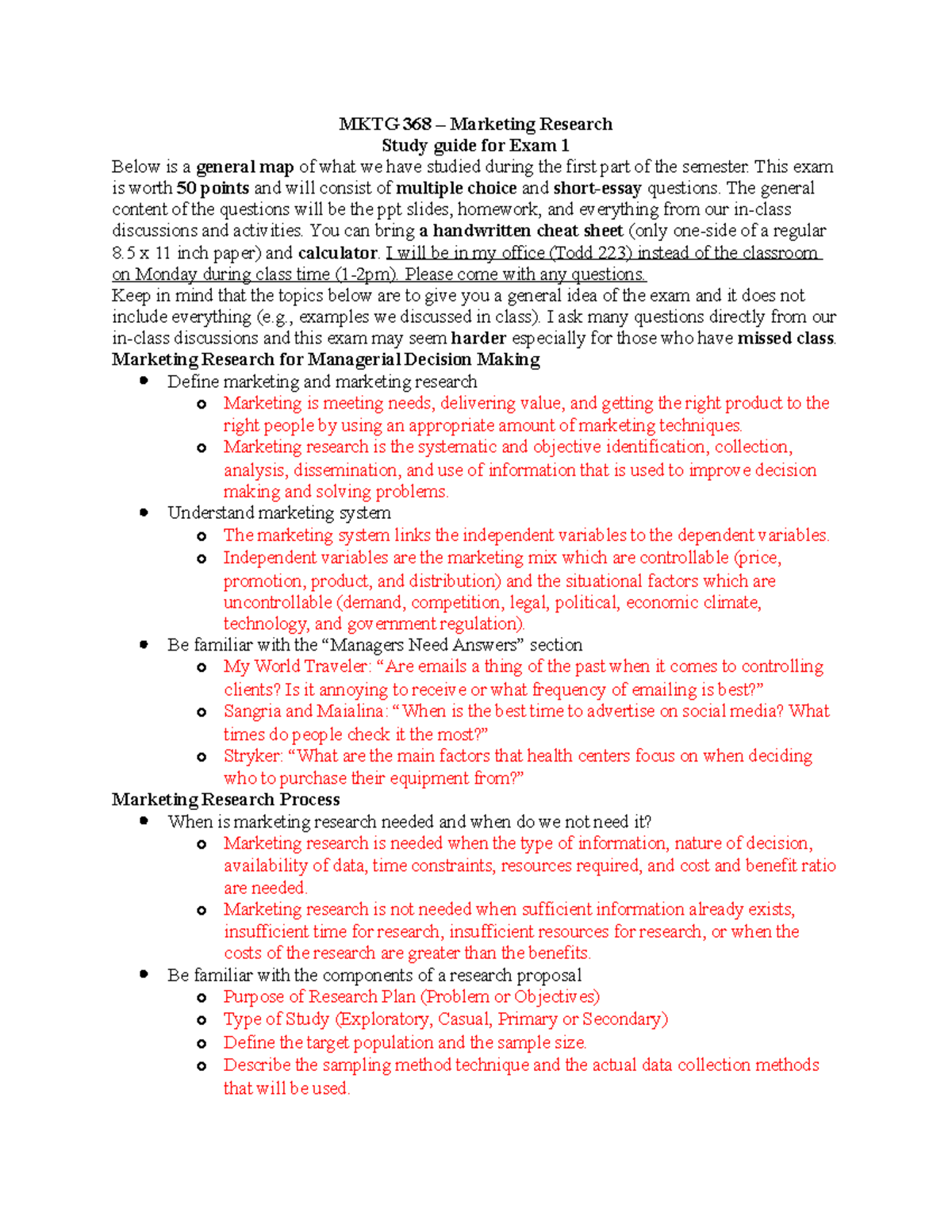 Study Guide for Exam 1 - Summary Marketing Research - MKTG 368 ...