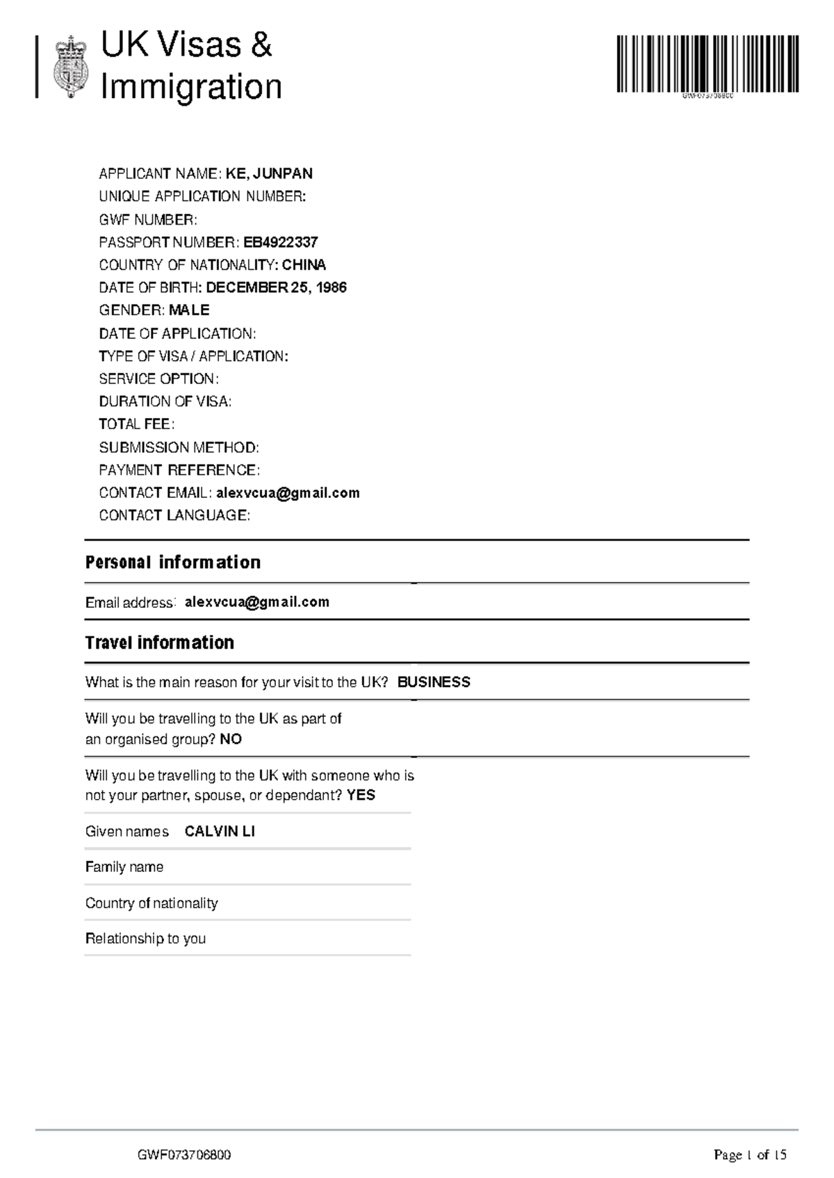 U.K Application Draft - UK Visas & Immigration APPLICANT NAME: KE ...