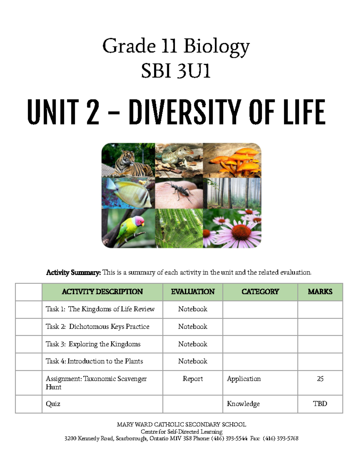 Copy Of SBI3U Unit 2 Guide - Diversity Of Life Sem 1 2021 - Grade 11 ...