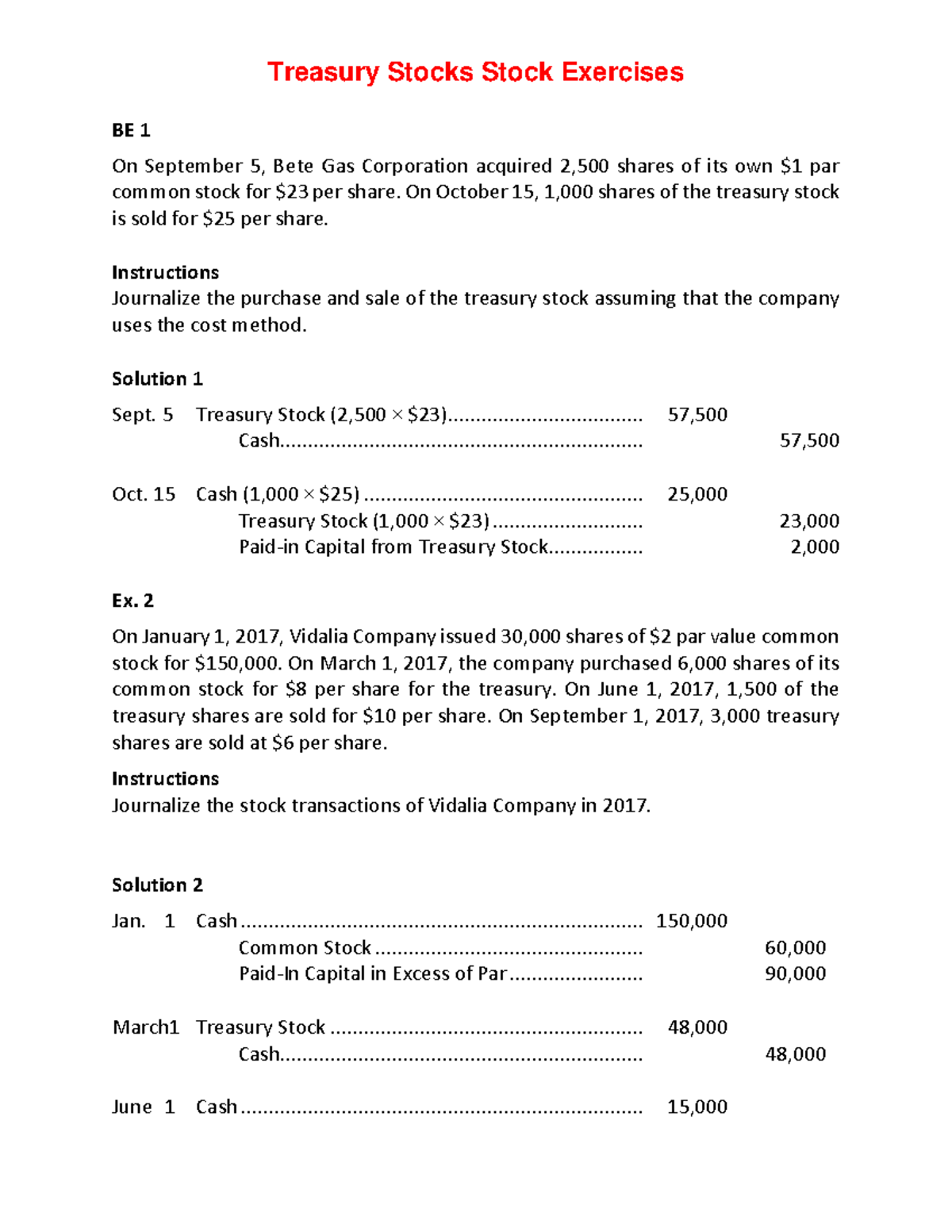 Exercises For Treasury Stocks BE 1 On September 5 Bete Gas