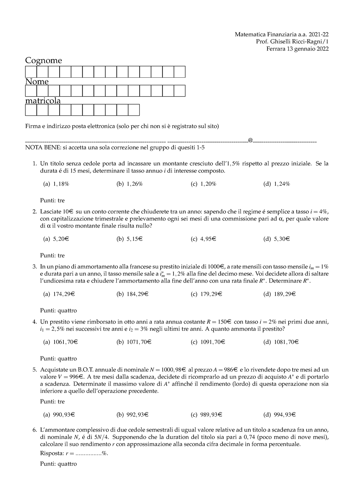 Recupero Esami Universitari di Matematica Finanziaria