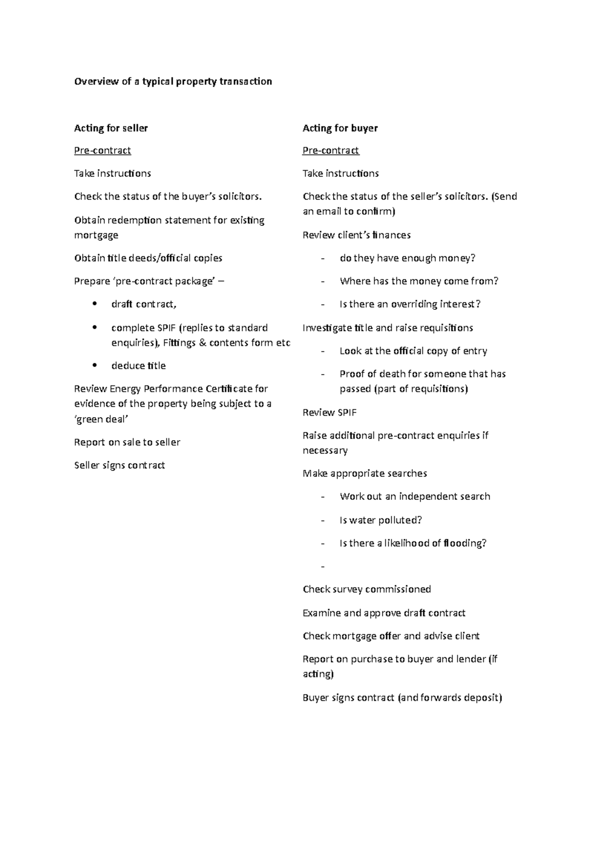 PLP Checklist - overview of a property transaction - Overview of a ...