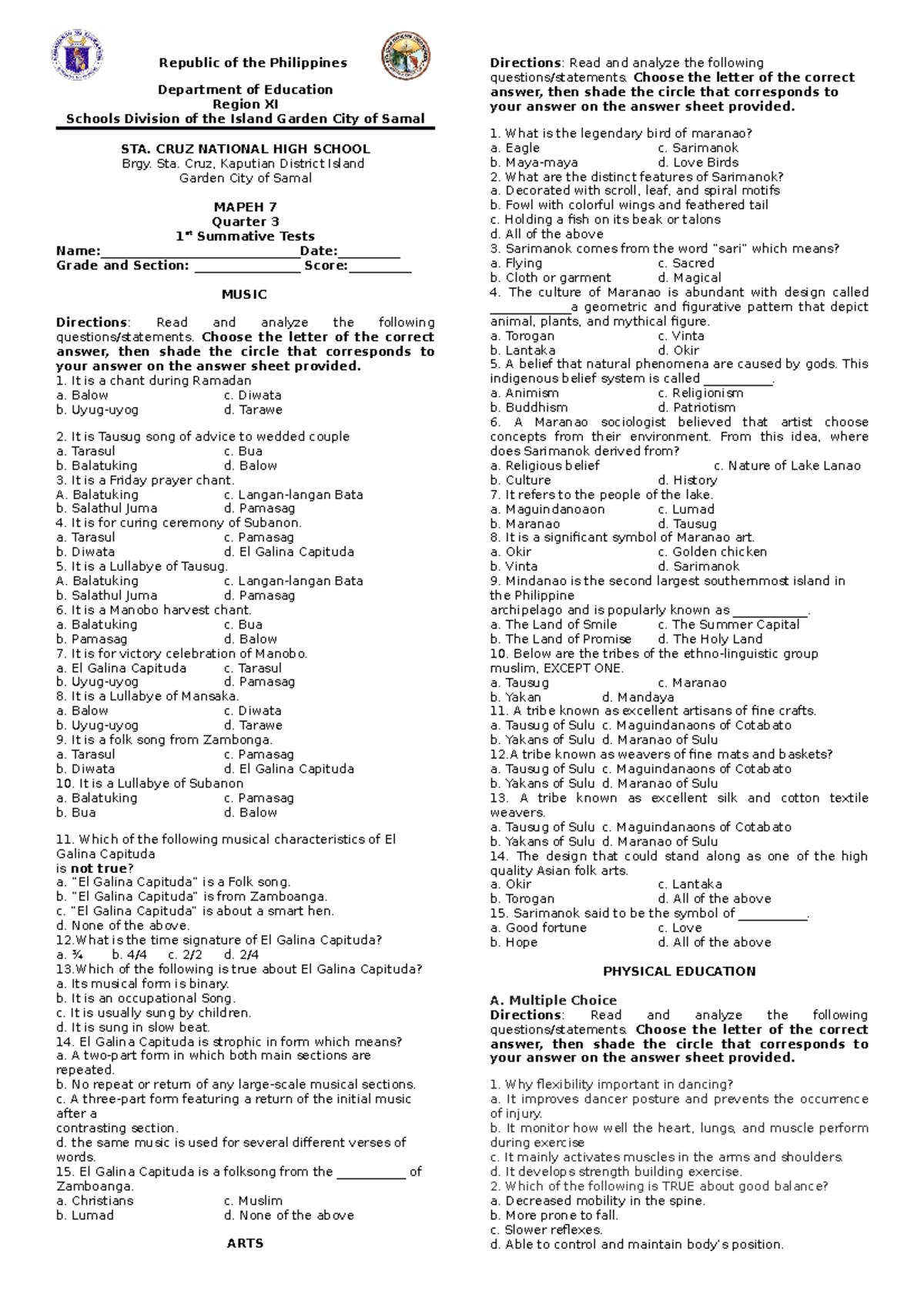 1st Quarter Summative Test In Mapeh 7docx Mapeh 7 Summative Test ...