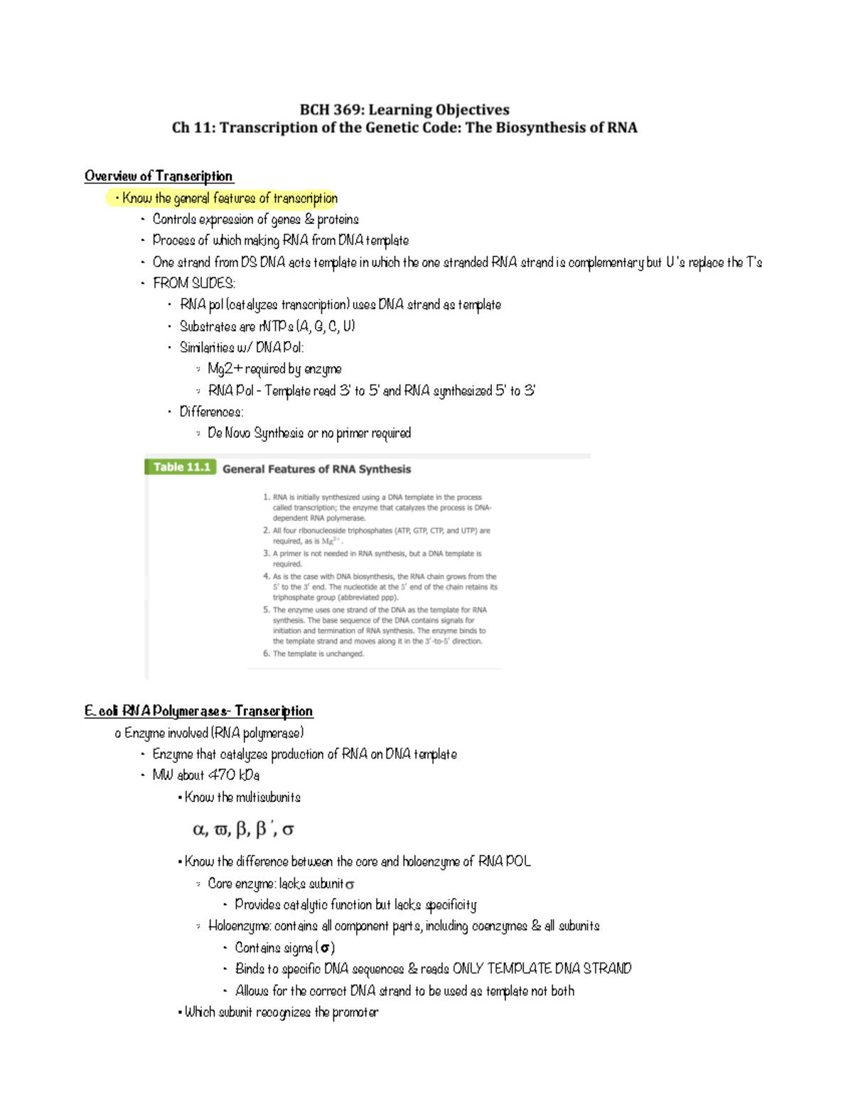 LO 11 Learning Objective 11 for Spring 2020 BioChem 1 with Dr. Grabner Overview of