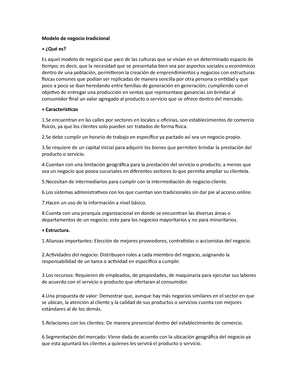 Modelo de negocio tradicional - + Características 1 encuentran en las  calles por sectores en locales - Studocu