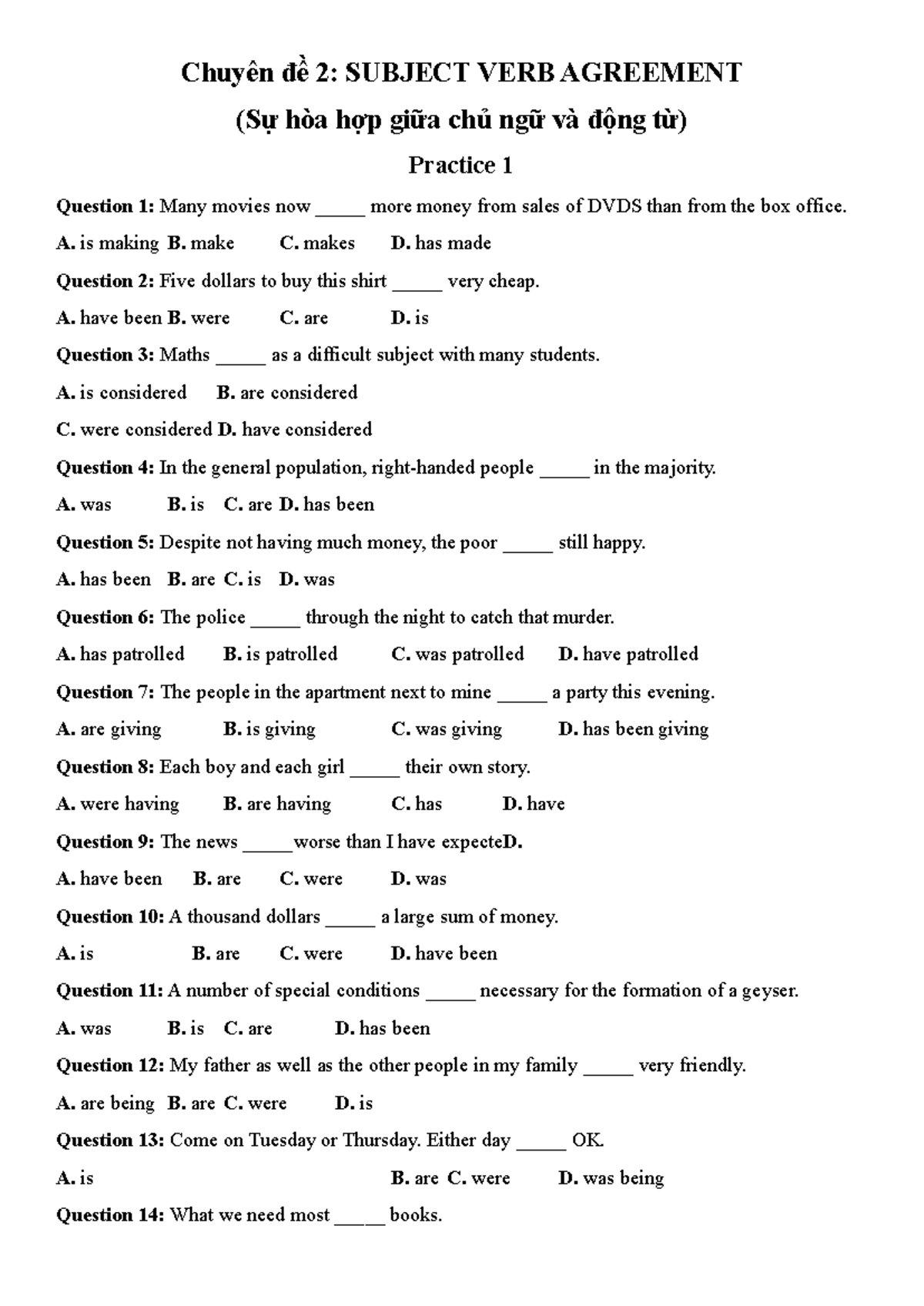 Chuyên đề 2 Subject - VERB Agreement - Chuyên đề 2: SUBJECT VERB ...