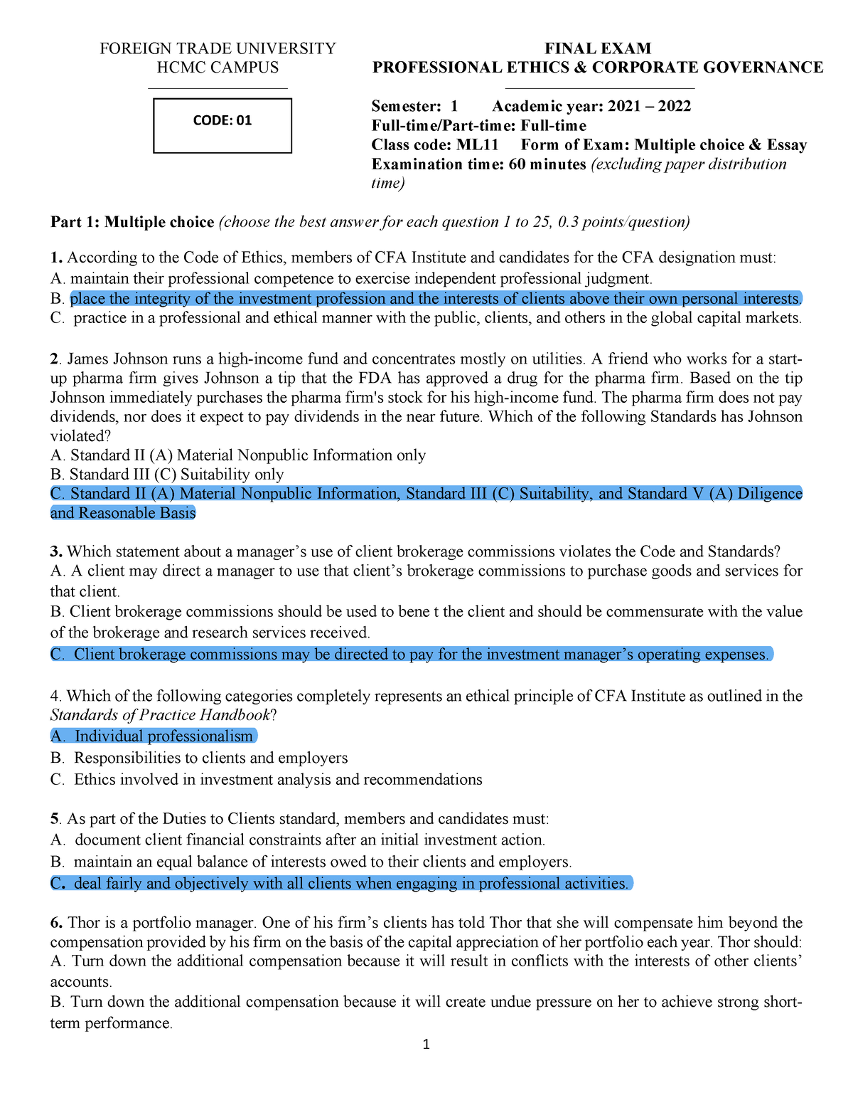 Final Exam Code Of Ethics - Part 1: Multiple Choice (choose The Best ...