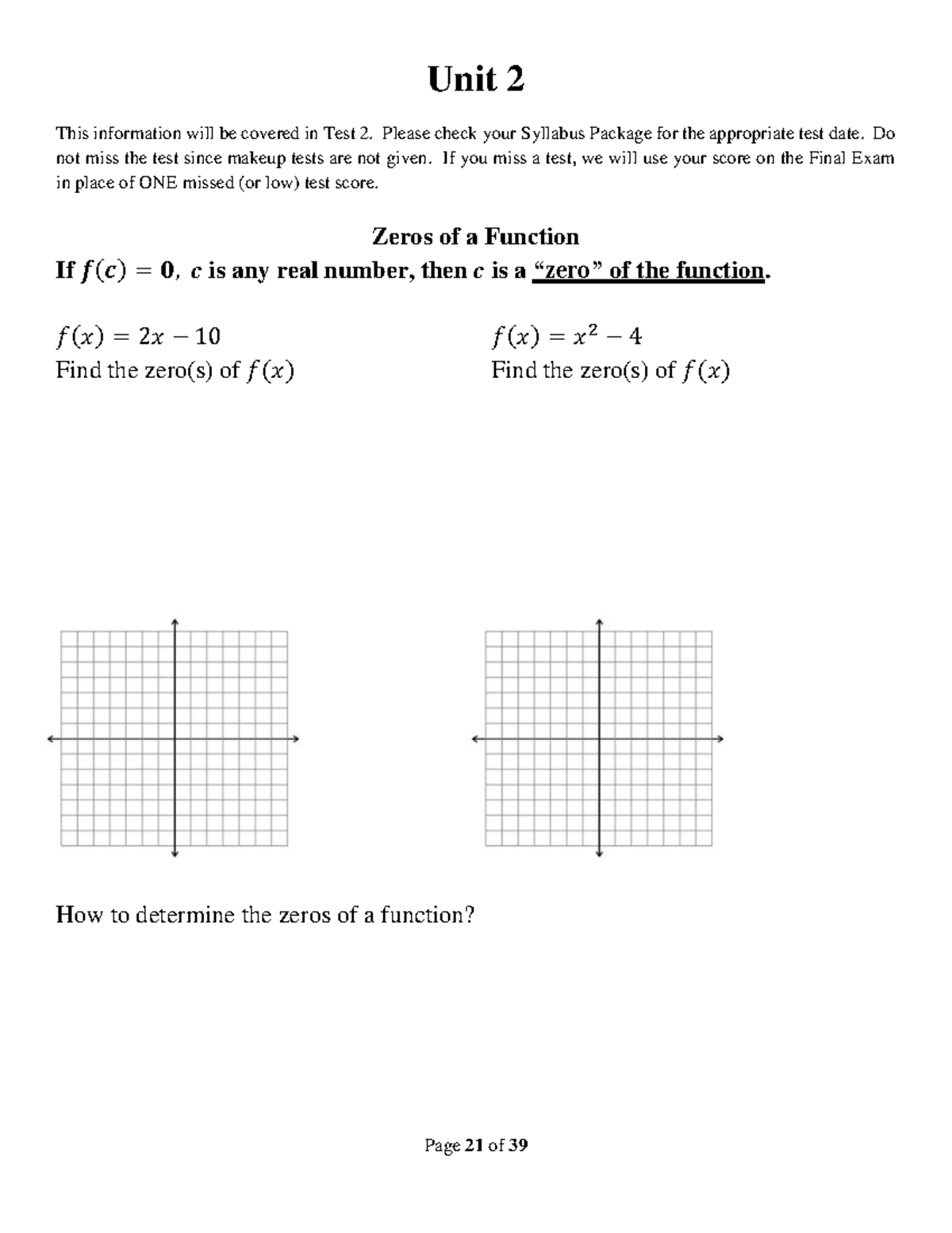 Zeroes of a function - Unit 2 This information will be covered in Test ...