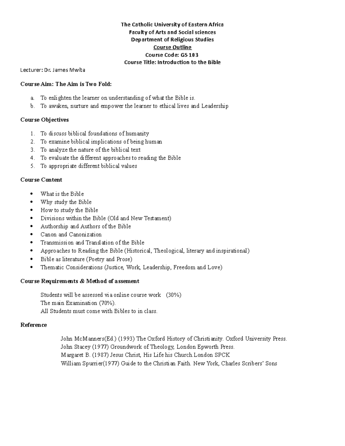 Course Outline GS103 bible studies The Catholic University of Eastern