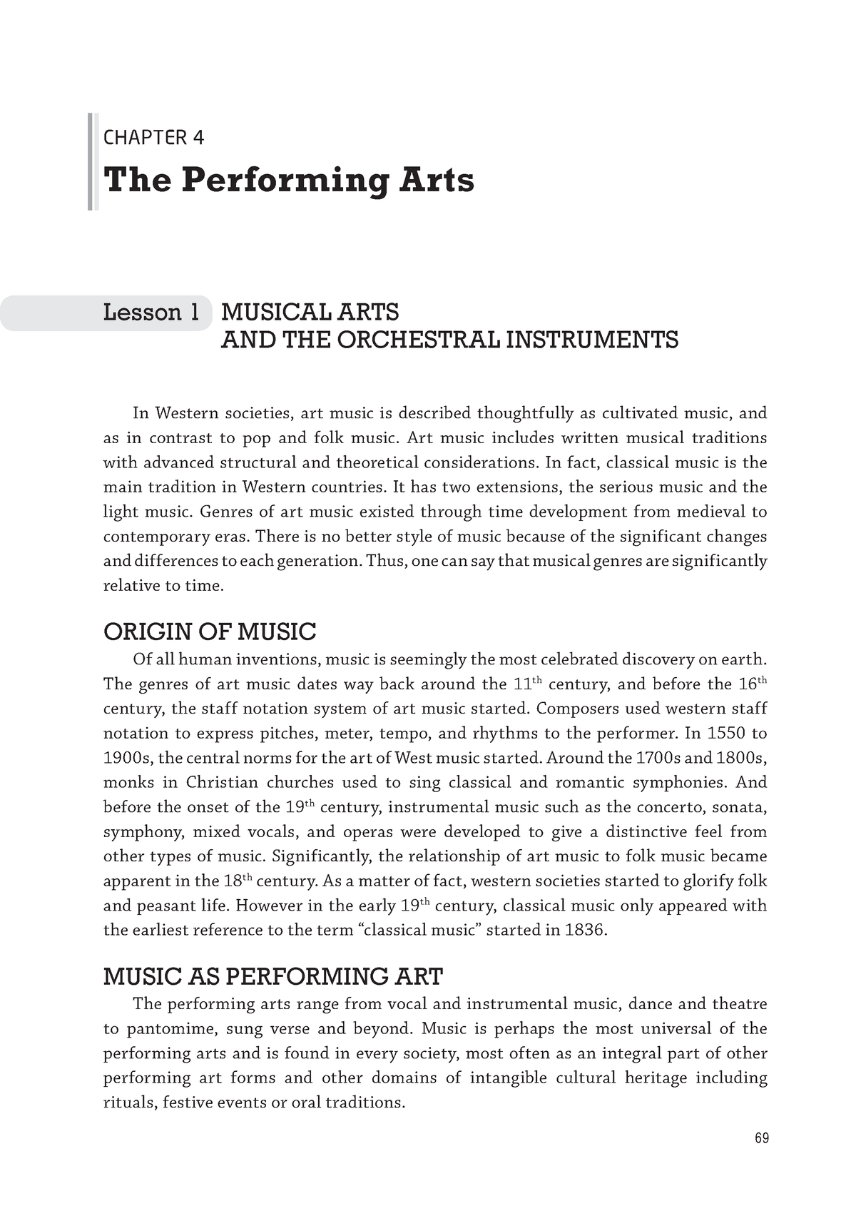 Musical Arts - ARTS APPRECIATION - The Performing Arts CHAPTER 4 Lesson ...