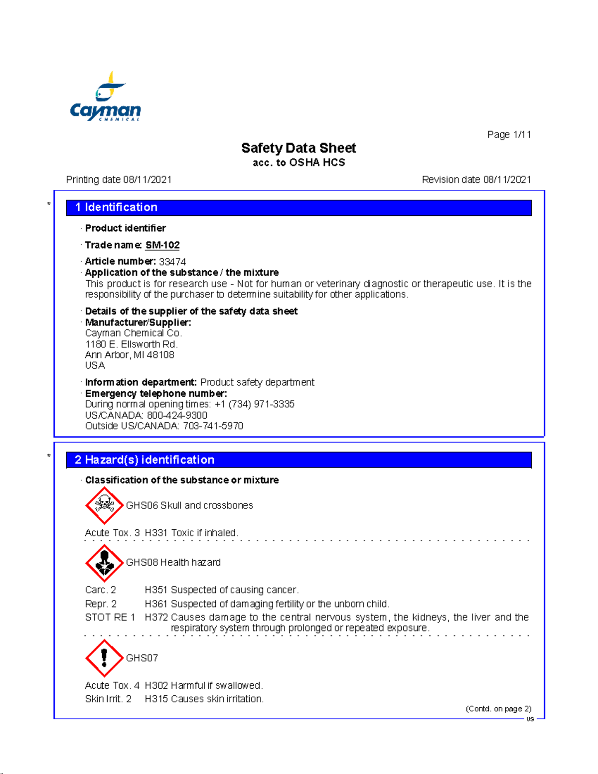 SM-102 Safety Data Sheet From Cayman Chemical - Safety Data Sheet Acc ...