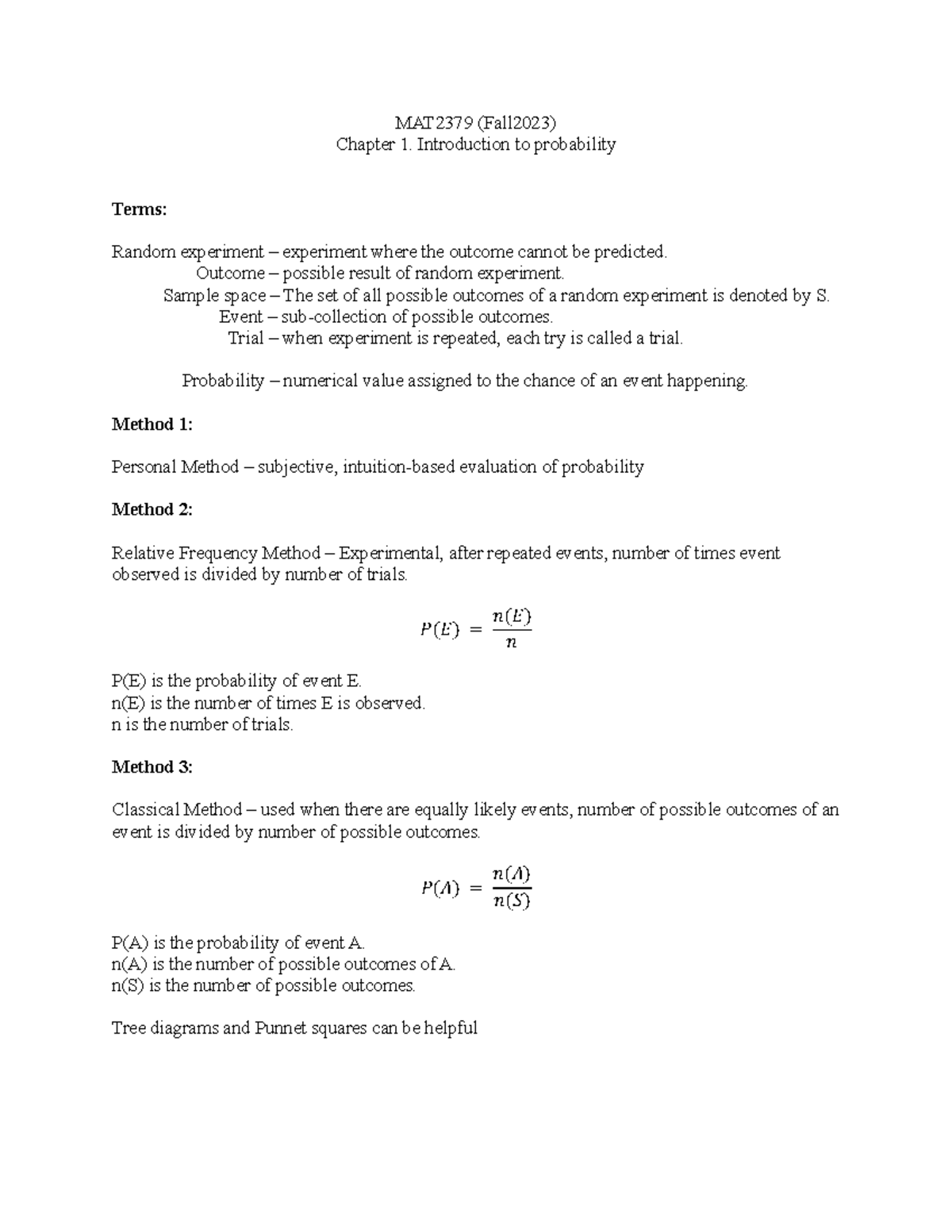 MAT2379 Ch. 1 Intro To Probability - MAT2379 (Fall2023) Chapter 1 ...