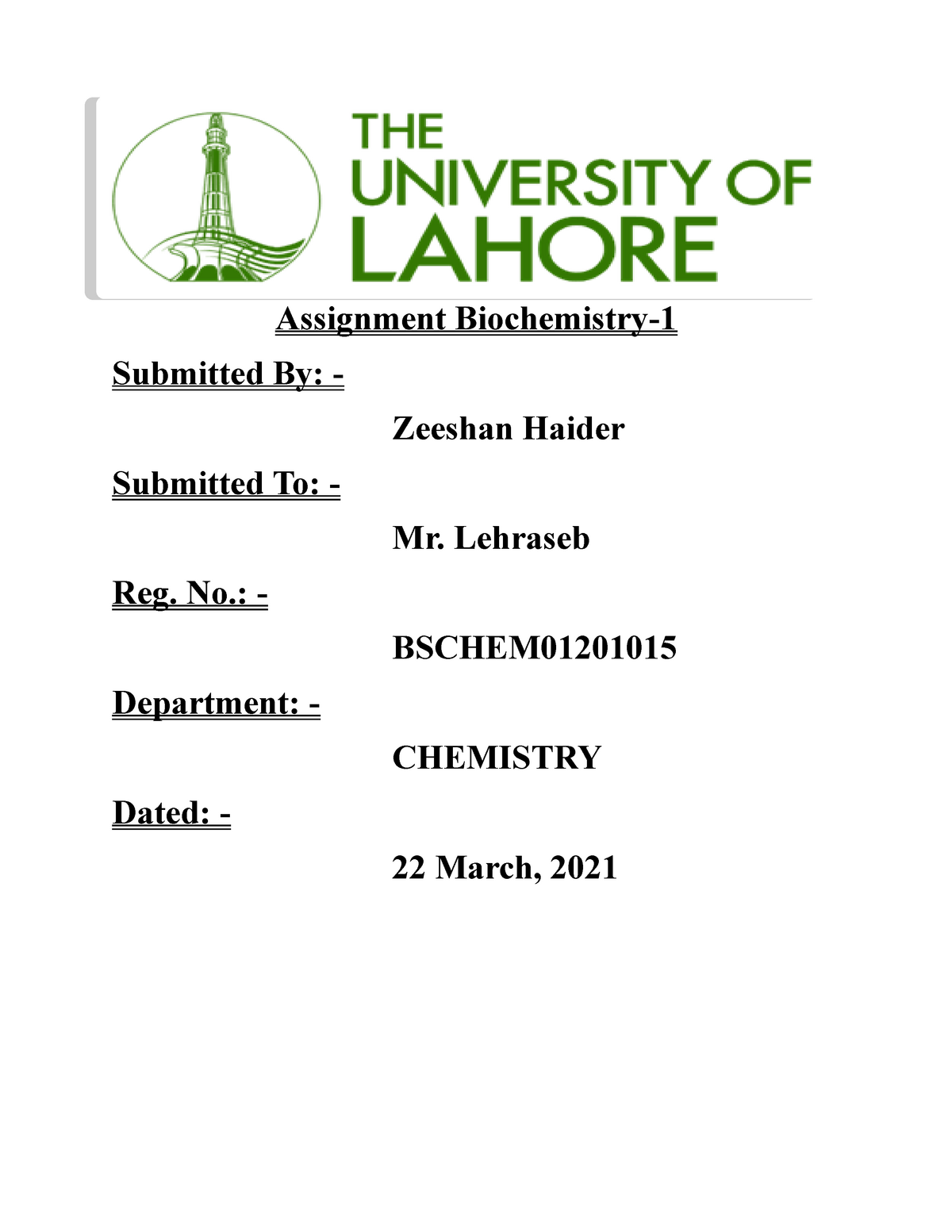 biochemistry assignment front page