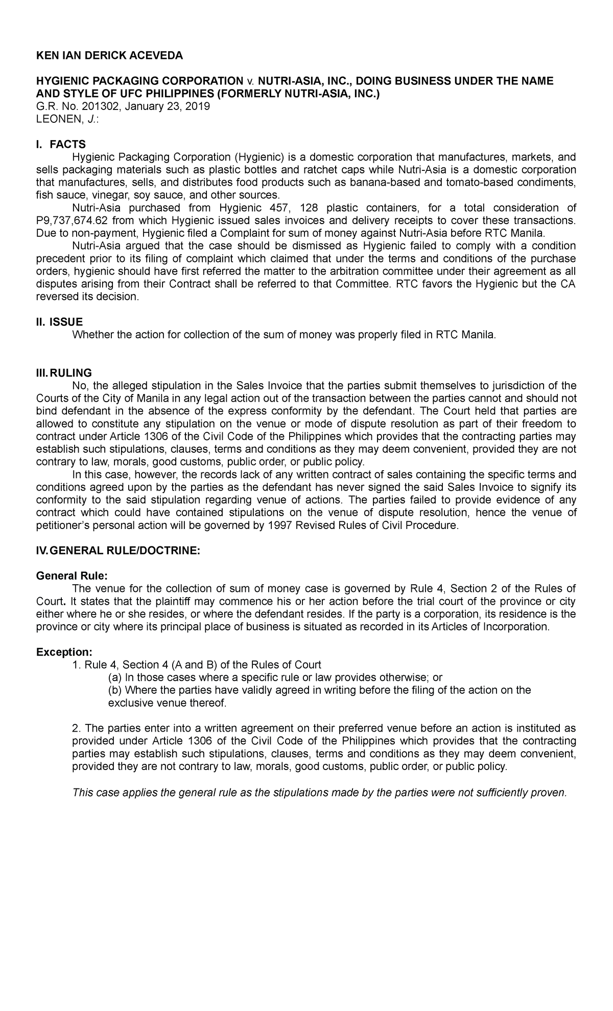 Hygienic Packaging Corp vs Nutri Asia Inc. Case Digest. Aceveda - KEN ...