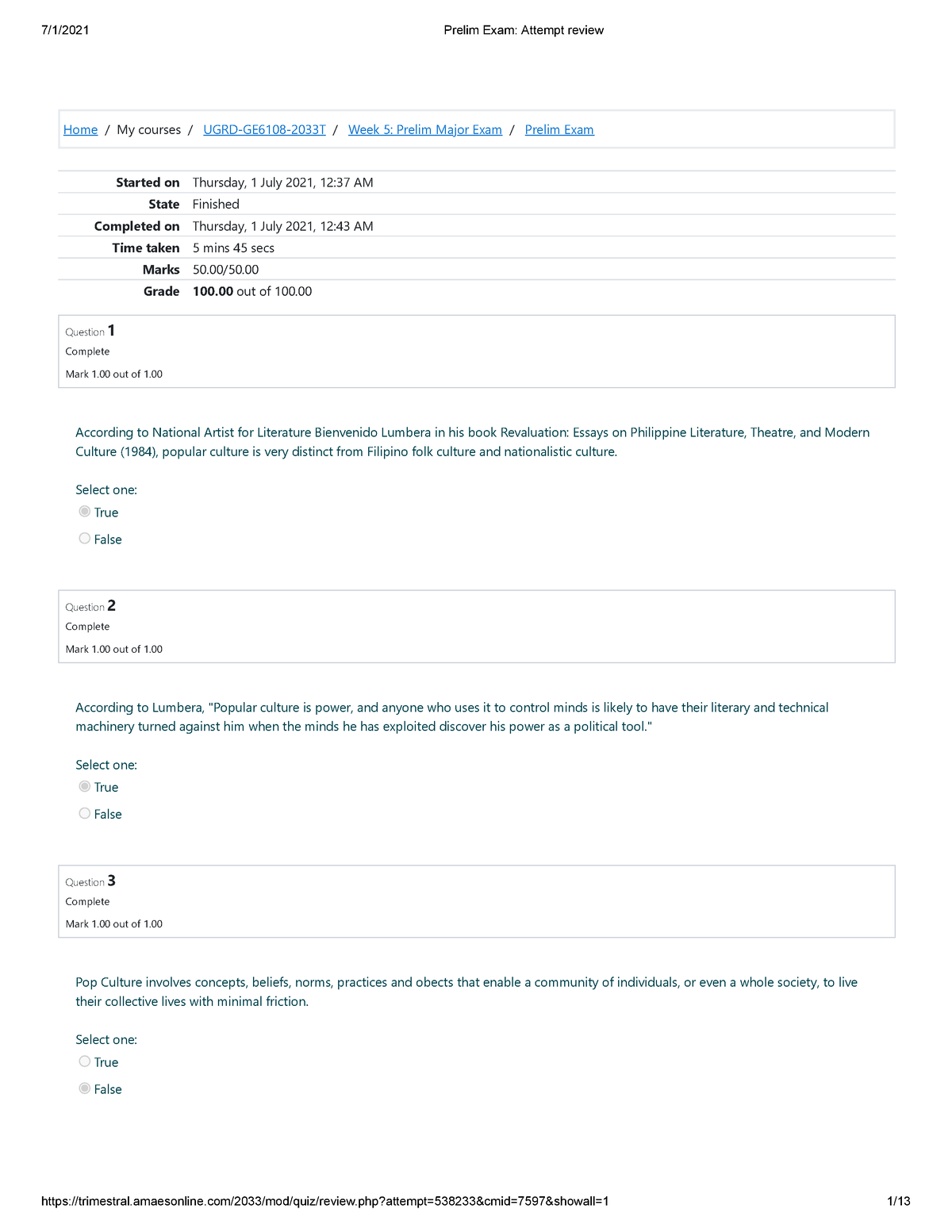 UGRD GE6108 Philippine Popular Culture Prelim EXAM - Home/My courses ...
