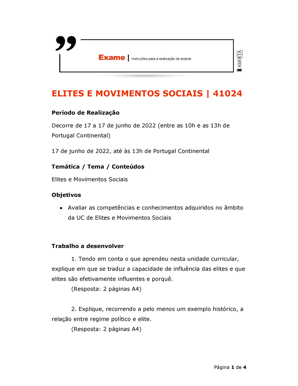 Elites - Enunciado Exame - ELITES E MOVIMENTOS SOCIAIS | 41024 Período ...