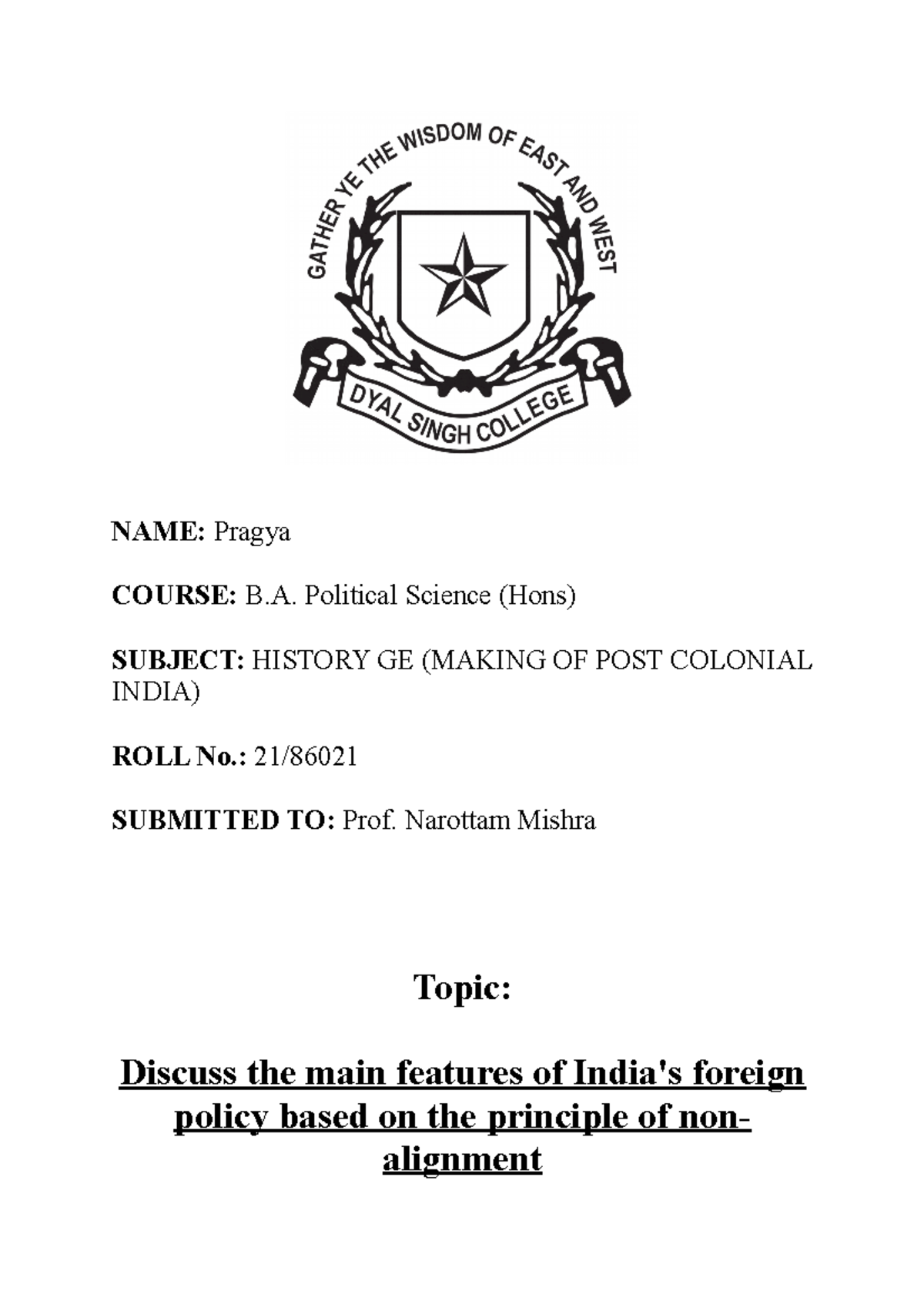 History GE Assignment - Pragya 21-86021 - NAME: Pragya COURSE: B ...