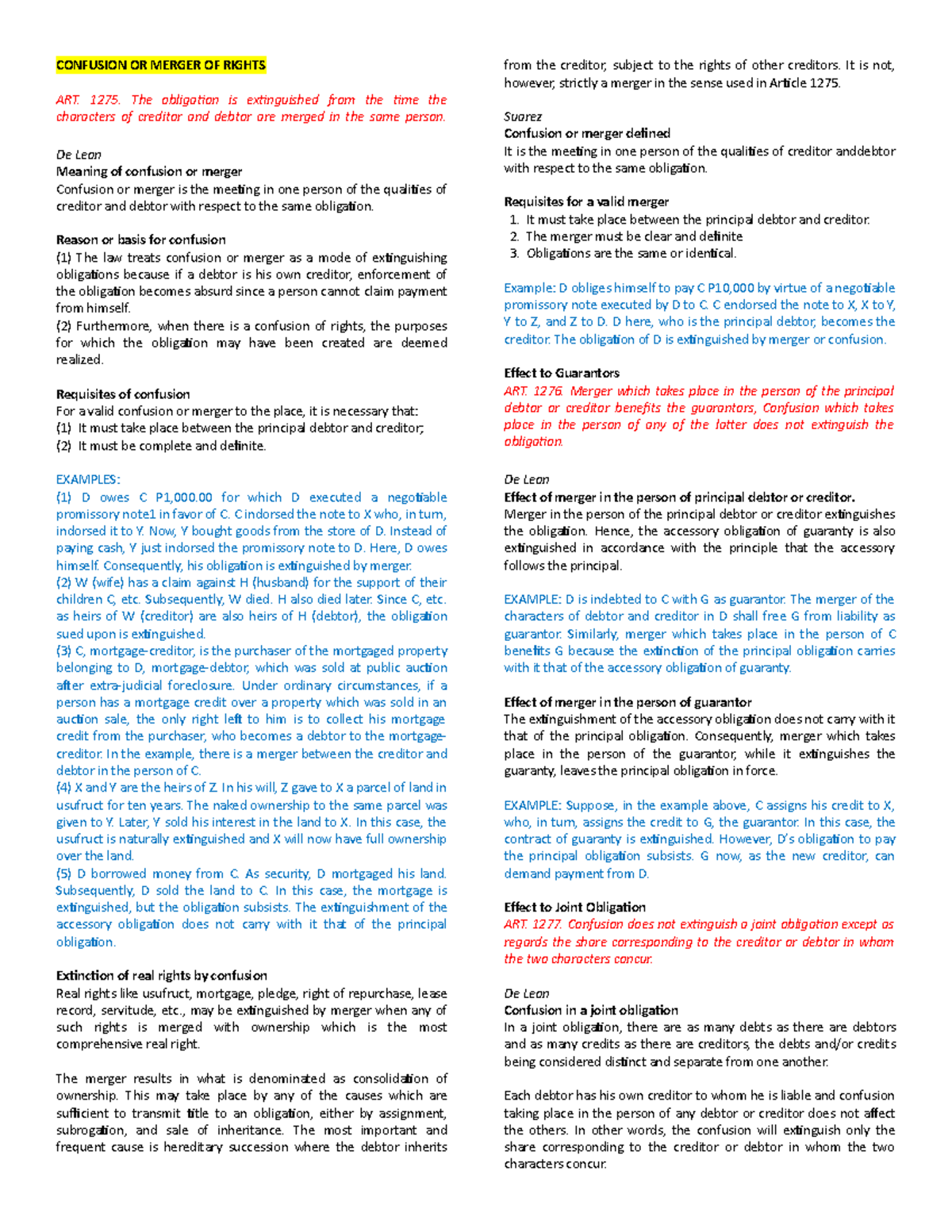 Confusion or Merger (RFBT 1) - CONFUSION OR MERGER OF RIGHTS ART. 1275 ...