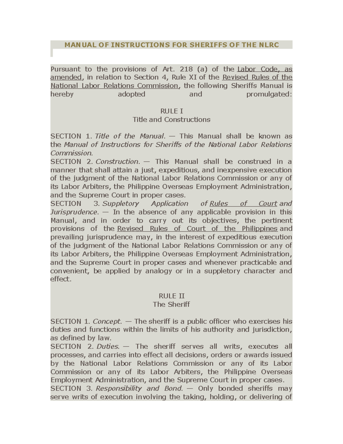 Manual OF Instructions FOR Sheriffs OF THE NLRC MANUAL OF