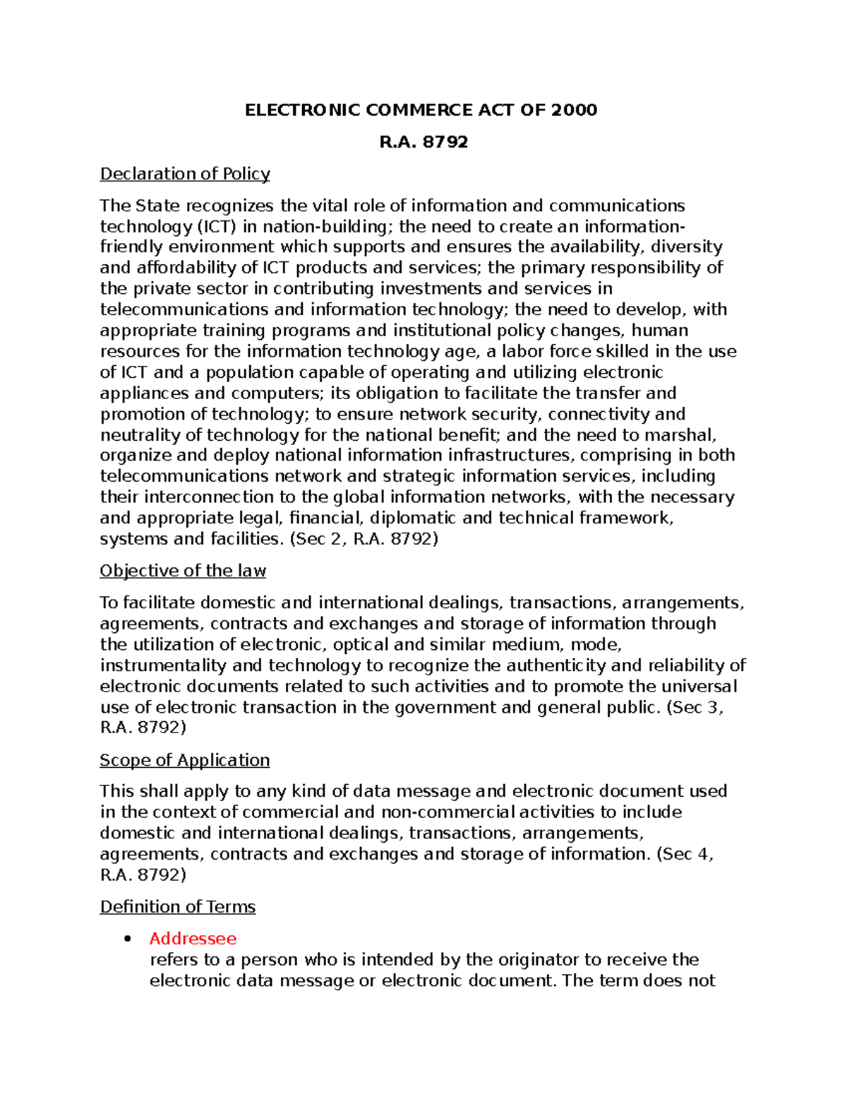 Electronic Commerce ACT OF 2000 Business Law University of the