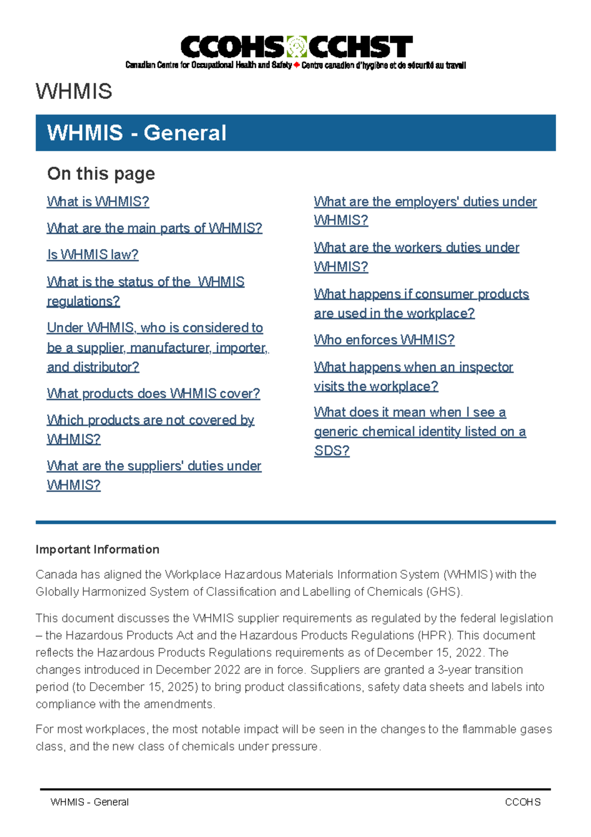 General - cal - WHMIS WHMIS - General On this page What is WHMIS? What ...