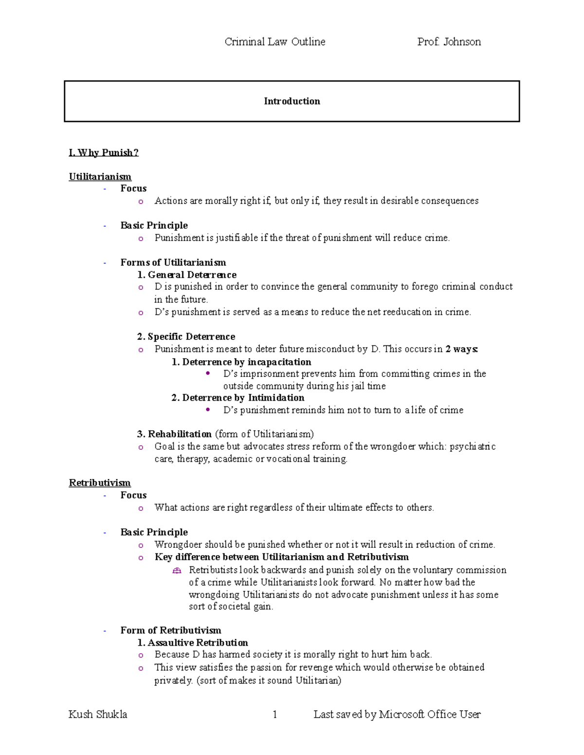 Criminal Law Outline - Introduction I. Why Punish? Utilitarianism ...