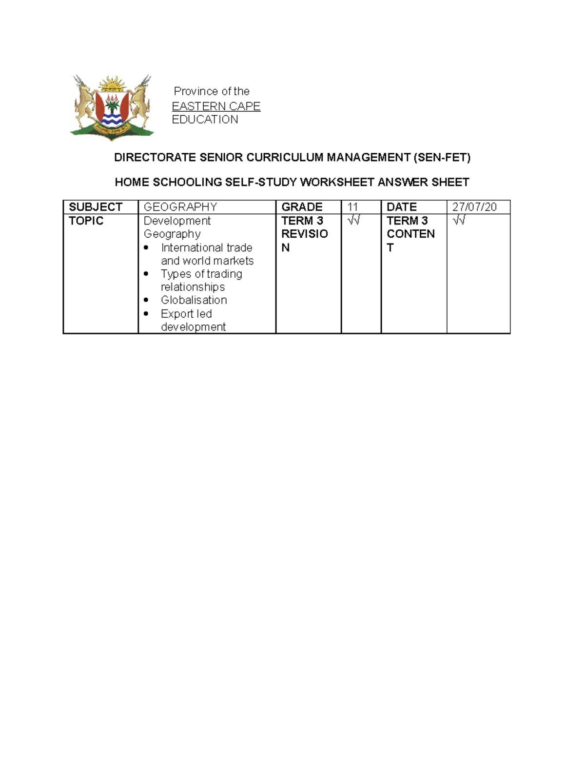 8 Geography Grade 11 Trade and development Answer Sheet Province of