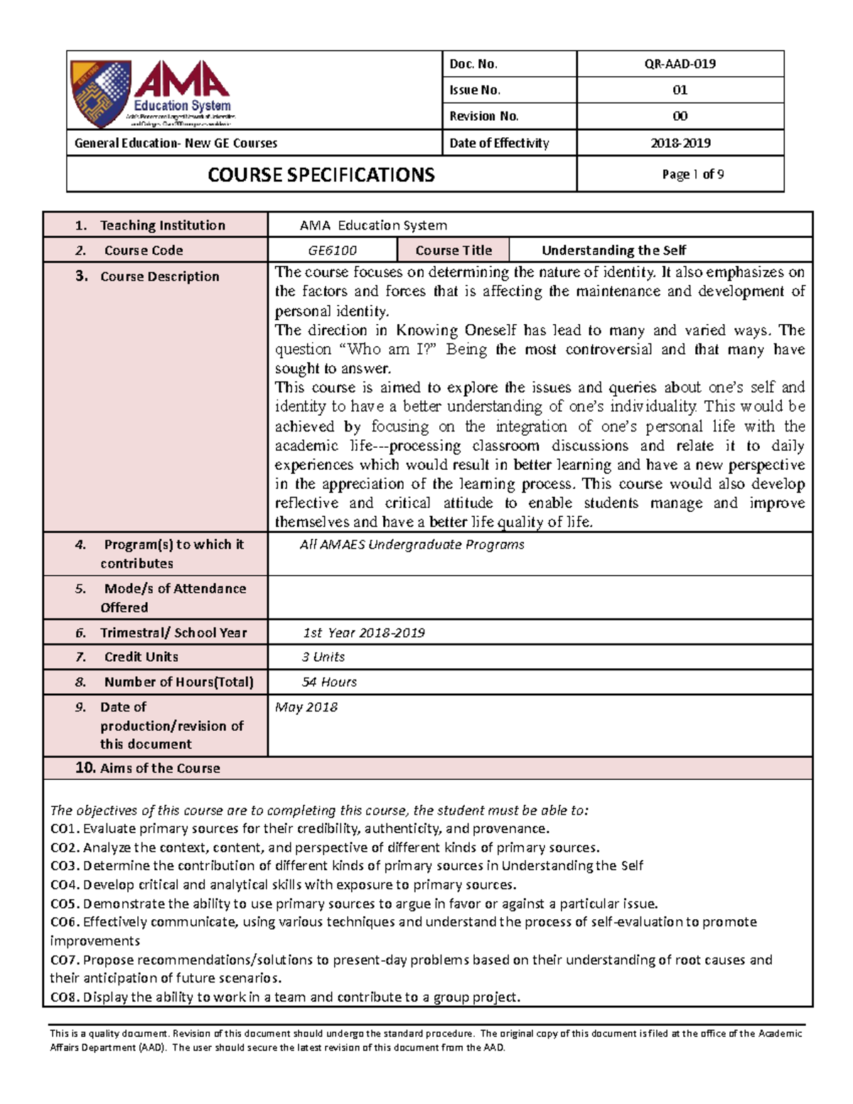 Course Specification-GE6100 - Issue No. 01 Revision No. 00 General ...